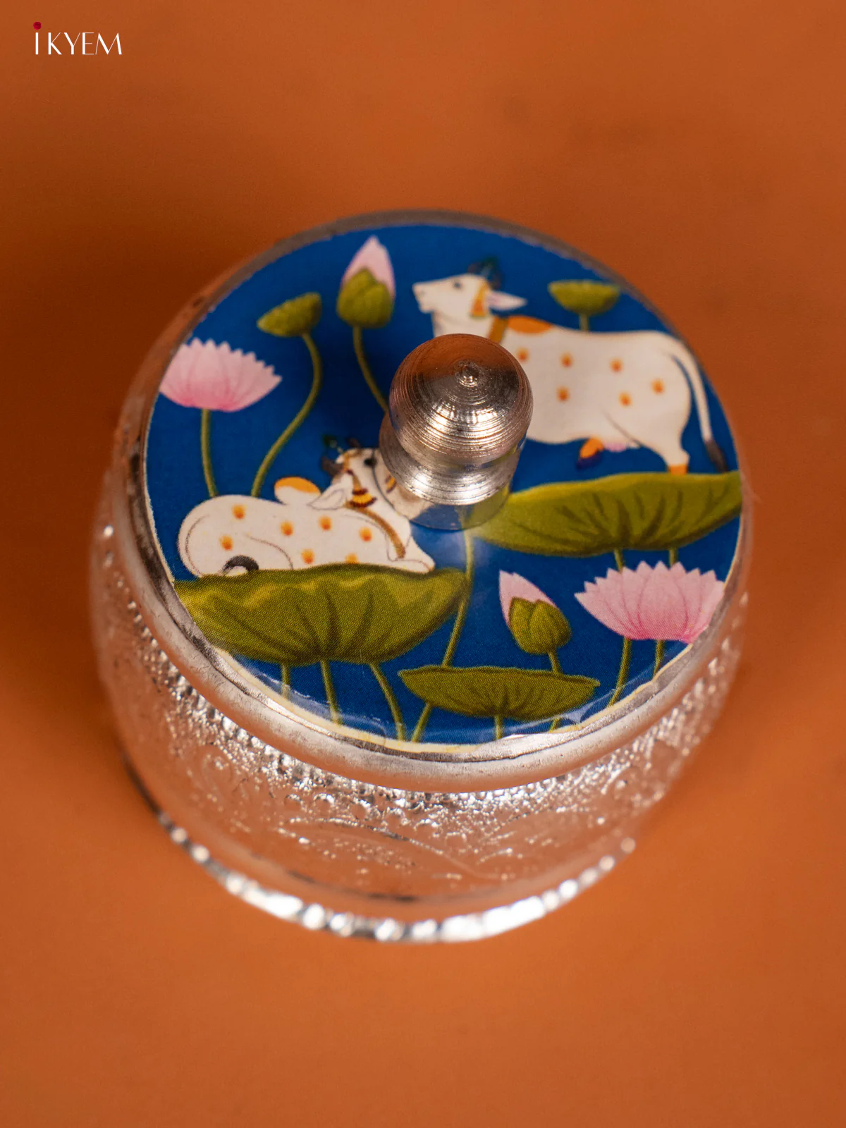Pichwai Cow Printed German Silver Kumkum Holder - KF10237