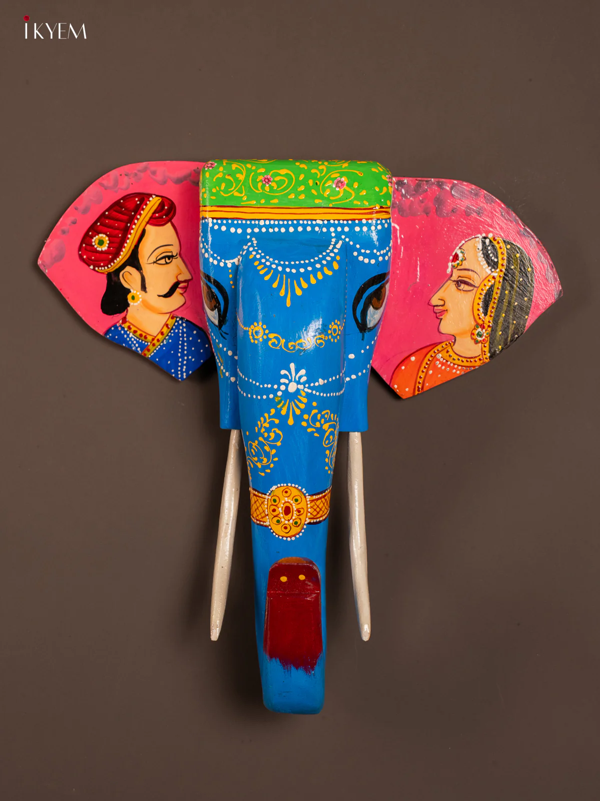 Pink & Blue hand painted elephant head wooden Wall Decor - KF03146