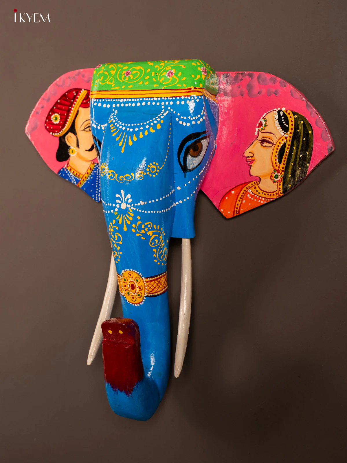Pink & Blue hand painted elephant head wooden Wall Decor - KF03146 - Image 3