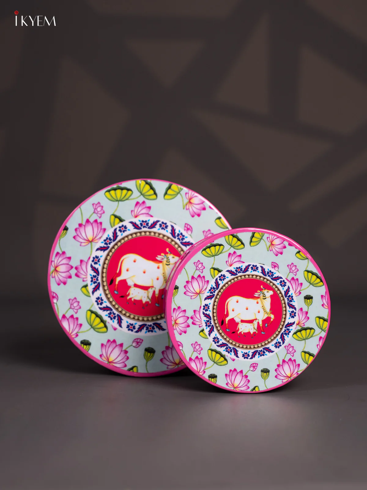 Pichwai Cow & Calf Digital Printed Metal Storage Box Set of 2 - Pink - (8x8) Inches - KI15135
