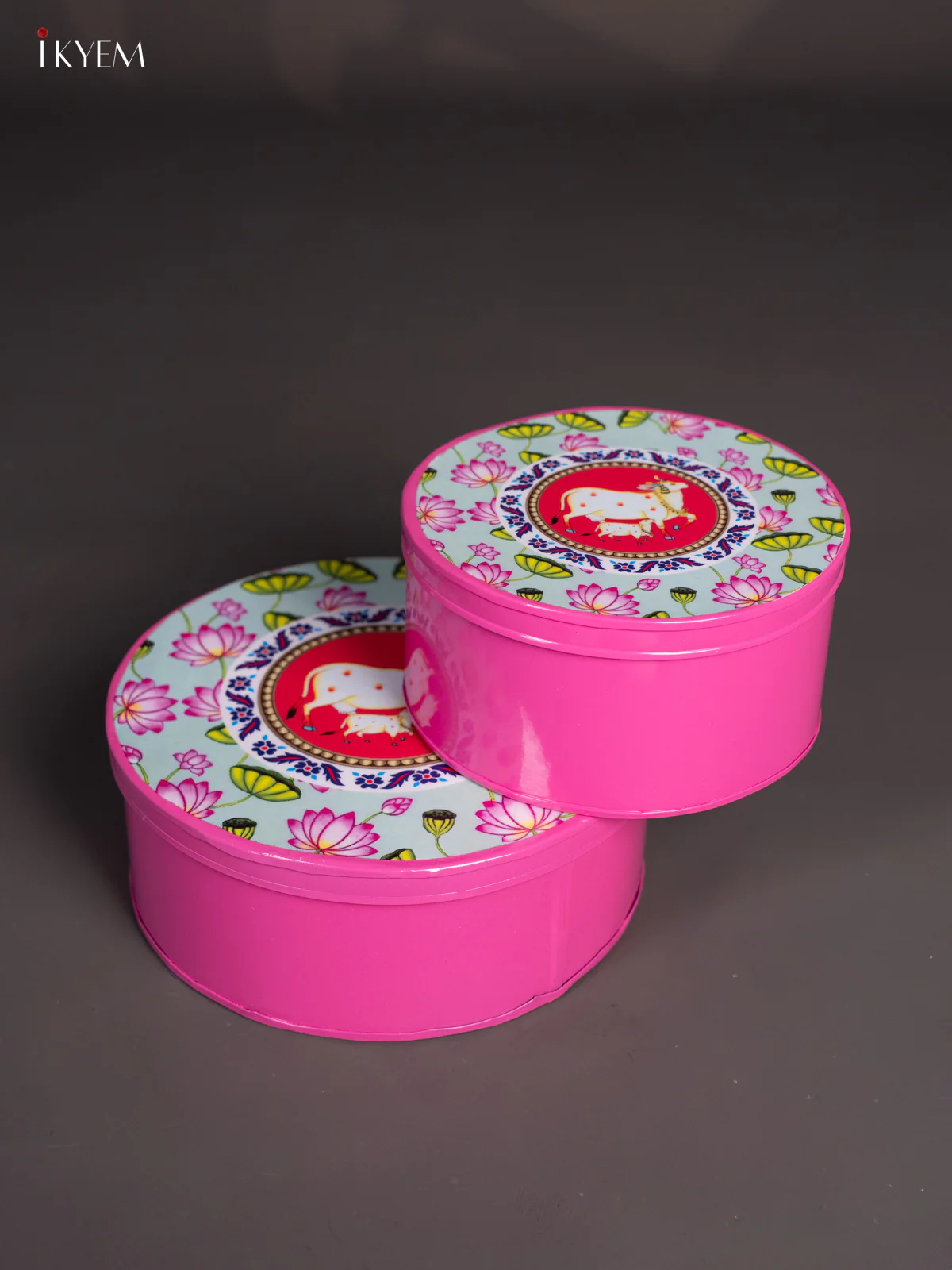 Pichwai Cow & Calf Digital Printed Metal Storage Box Set of 2 - Pink - (8x8) Inches - KI15135 - Image 2