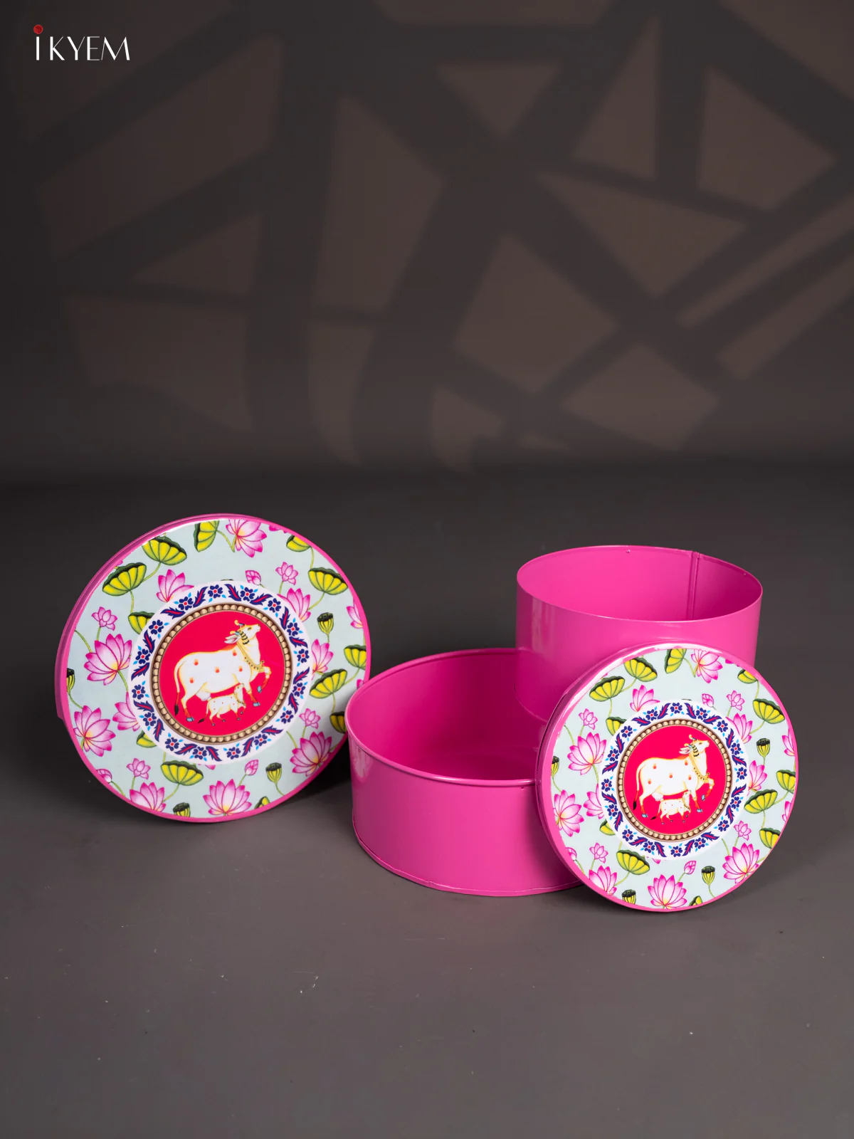 Pichwai Cow & Calf Digital Printed Metal Storage Box Set of 2 - Pink - (8x8) Inches - KI15135 - Image 3