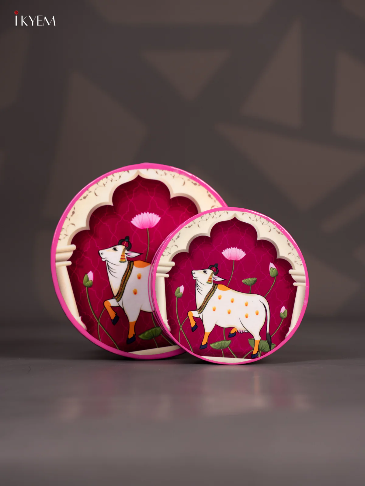 Pichwai Cow Digital Printed Metal Storage Box Set of 2 - Pink - (8x8) Inches - KI15136
