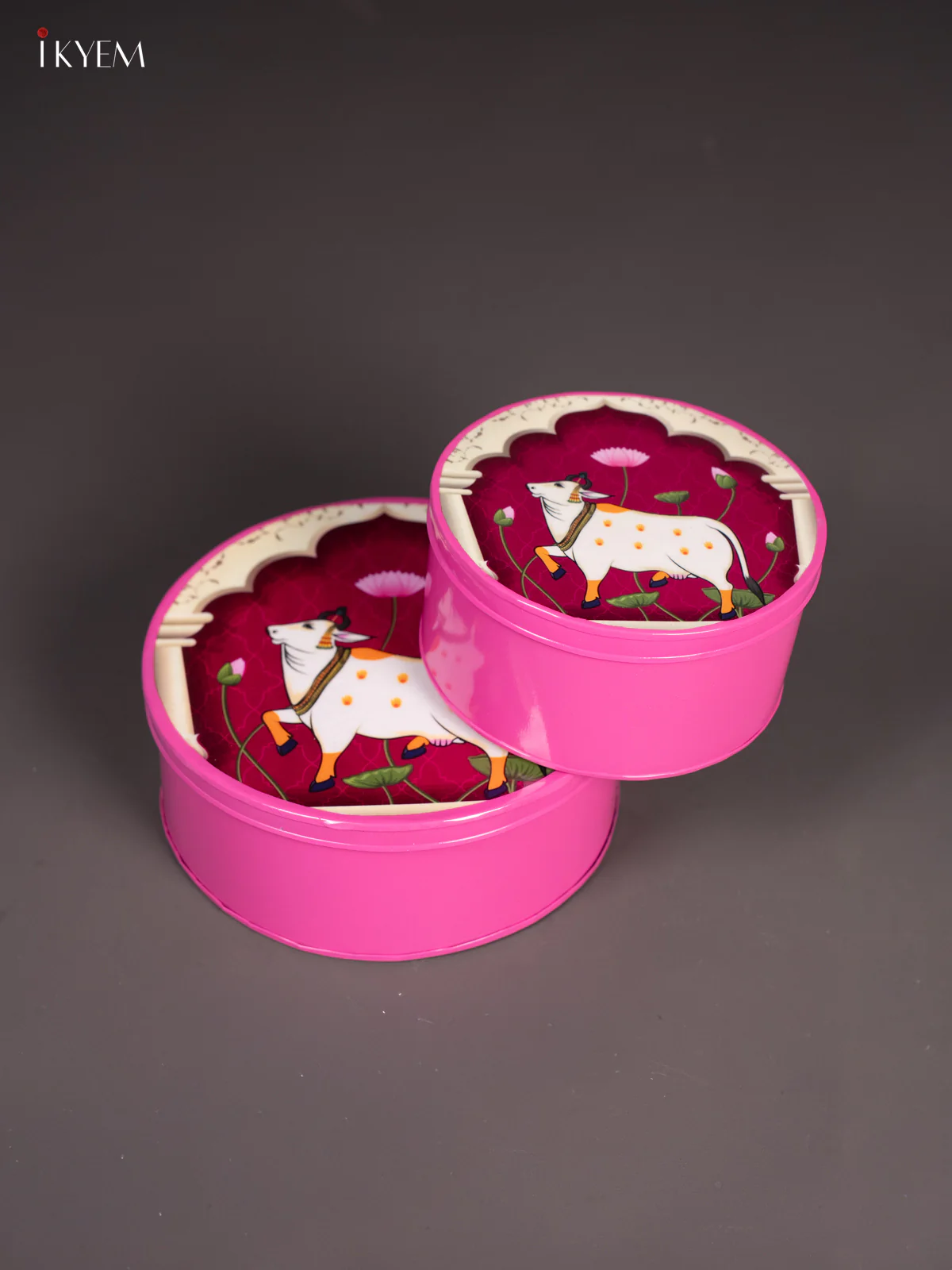 Pichwai Cow Digital Printed Metal Storage Box Set of 2 - Pink - (8x8) Inches - KI15136 - Image 2