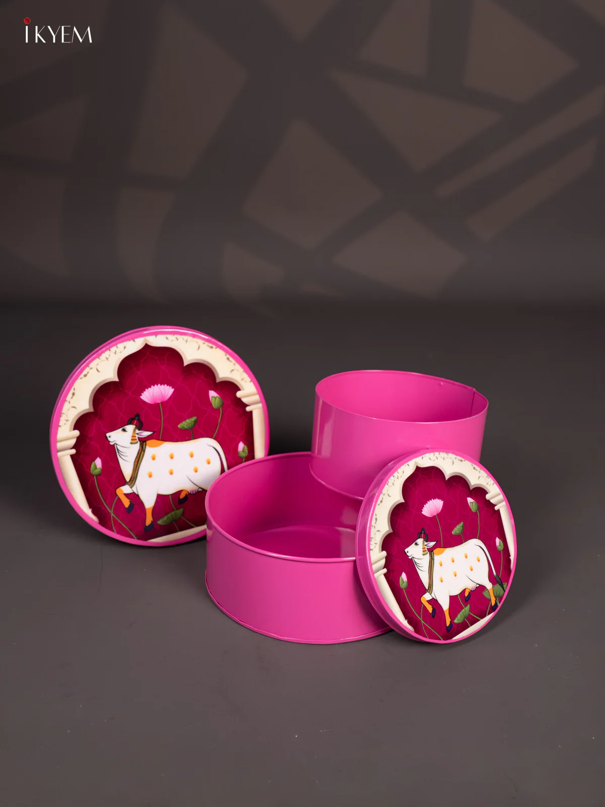 Pichwai Cow Digital Printed Metal Storage Box Set of 2 - Pink - (8x8) Inches - KI15136 - Image 3