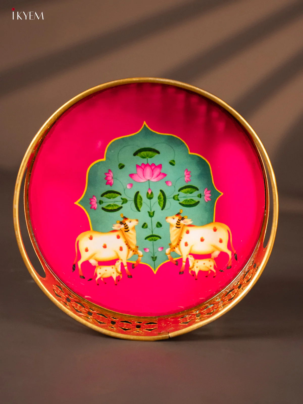 Pink & Teal Decorative Round Tray with Cow & Calf Digital Print - KH22125