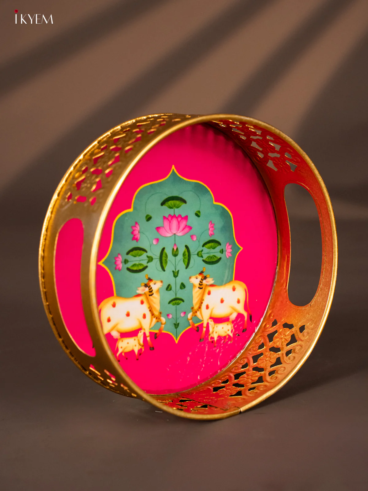 Pink & Teal Decorative Round Tray with Cow & Calf Digital Print - KH22125 - Image 2