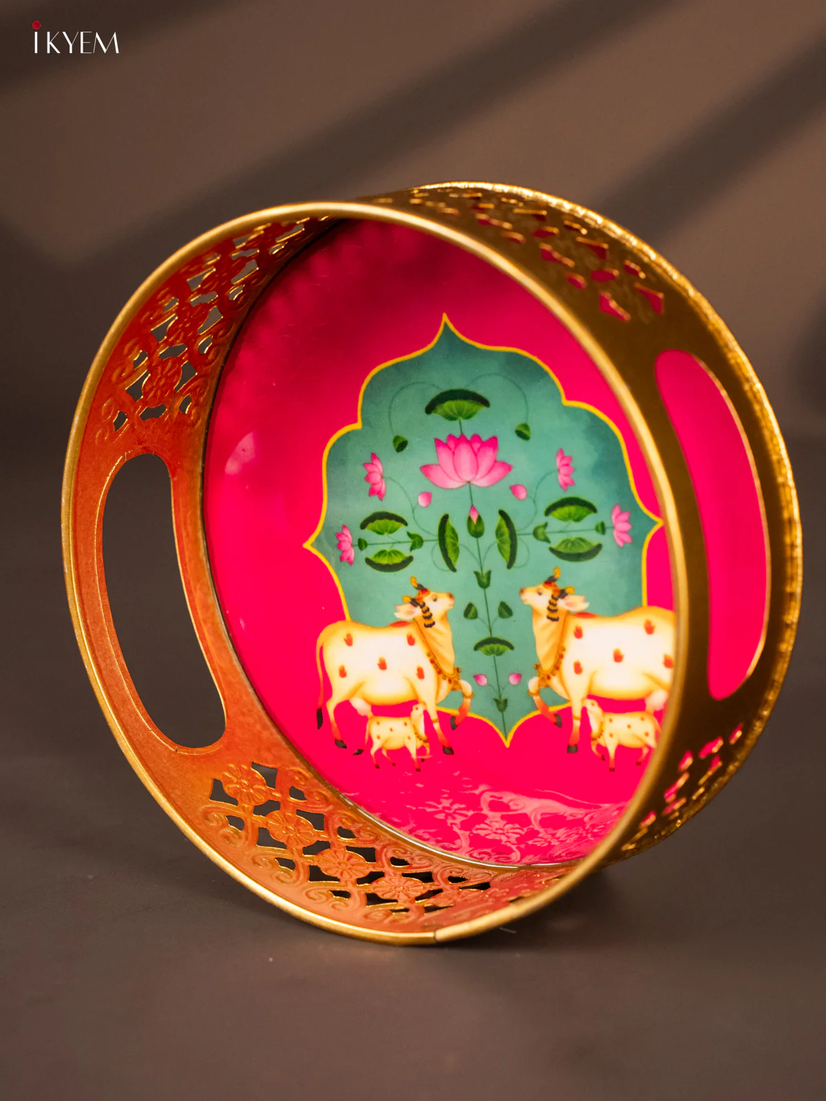 Pink & Teal Decorative Round Tray with Cow & Calf Digital Print - KH22125 - Image 4