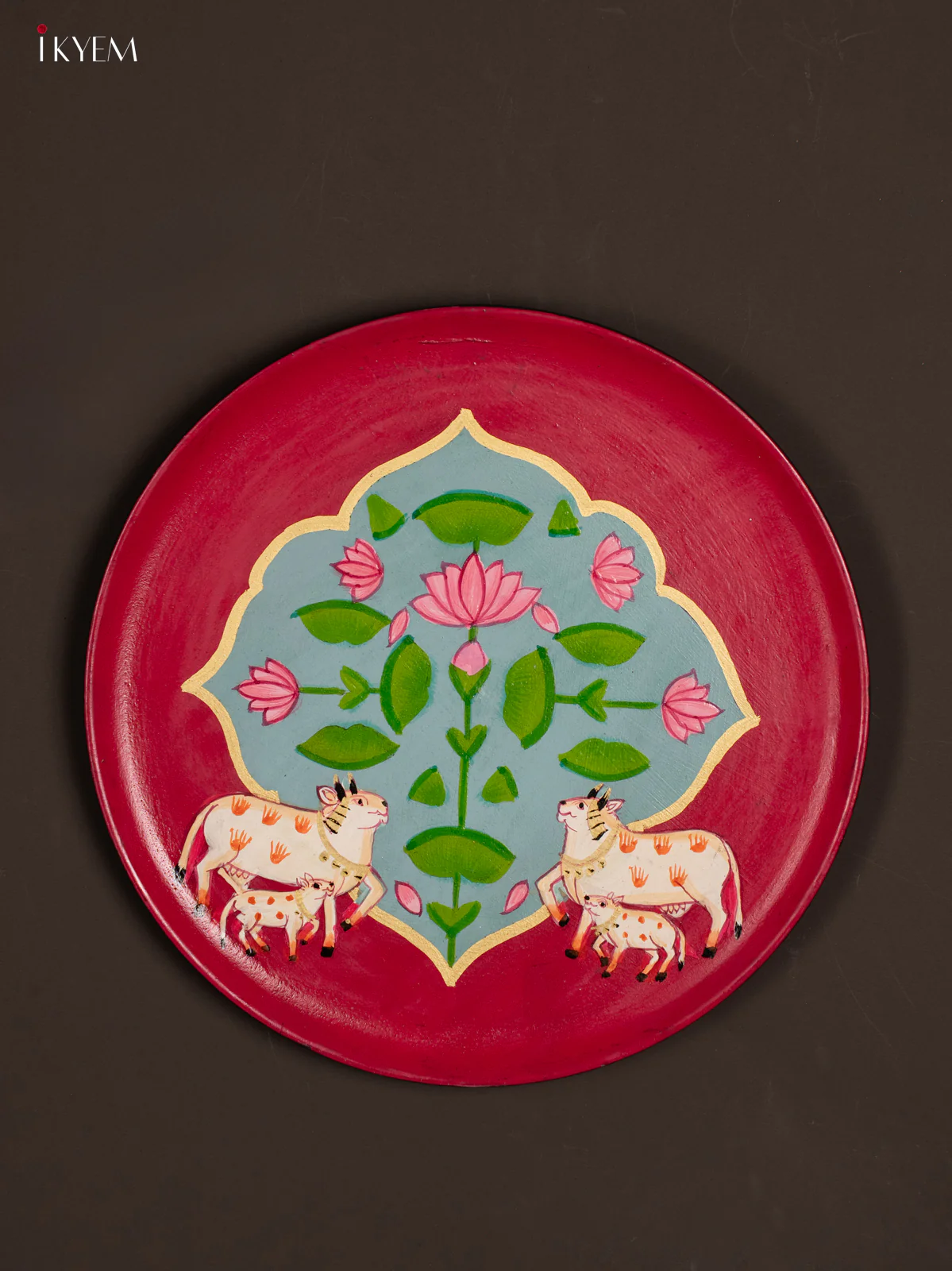 Hand-Painted Wooden Pichwai Cow & Calf Wall Plate - 10 Inches - KG04170