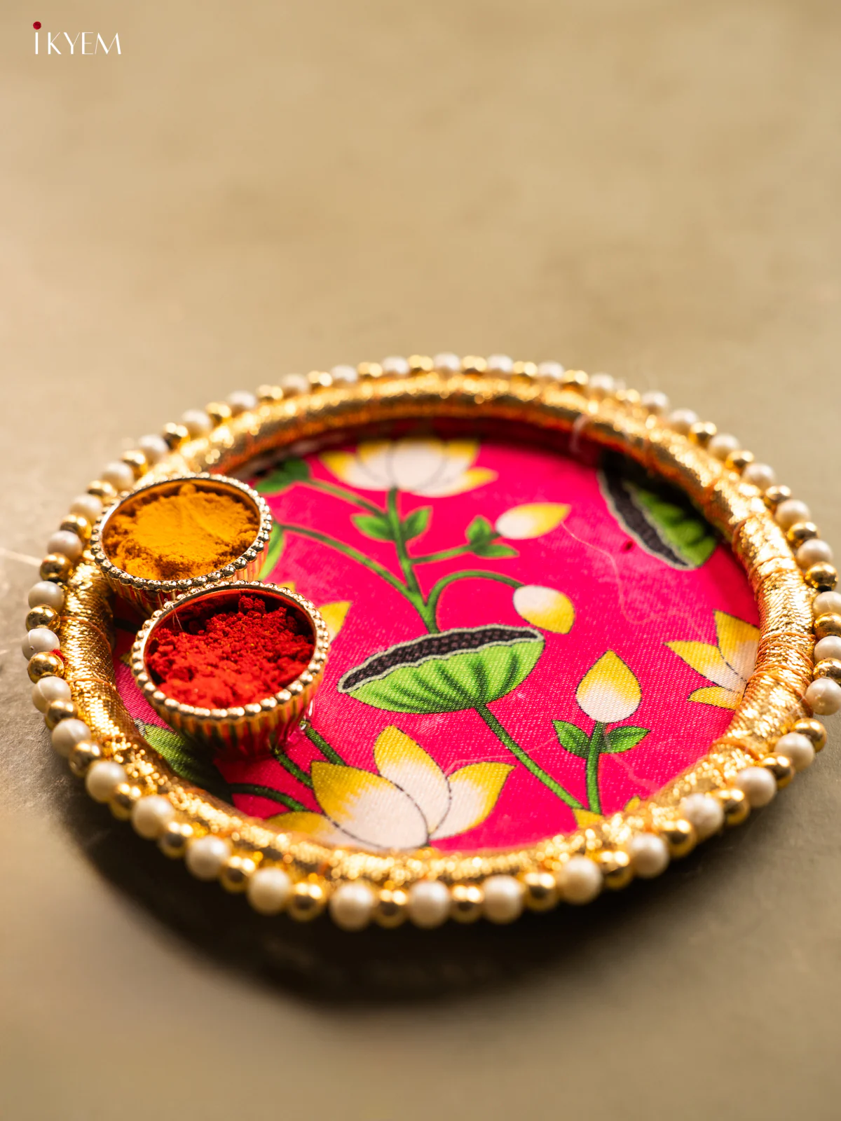 Elegant Pichwai Style Lotus Printed Pink Plate with Haldi Kumkum Holder - KG31115 - Image 2