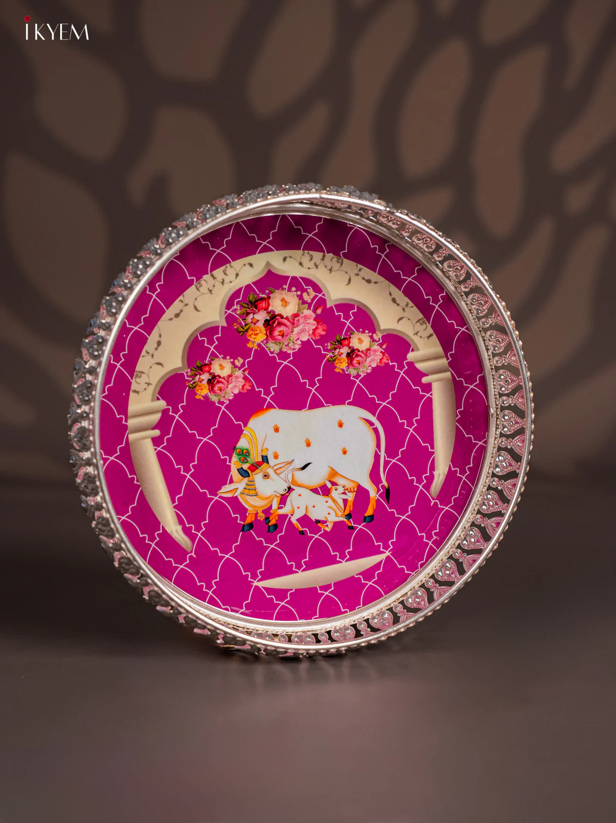 Exquisite Pichwai Cow & Calf Printed Purple German Silver Tray (8 Inch) - KI10124 - Image 2