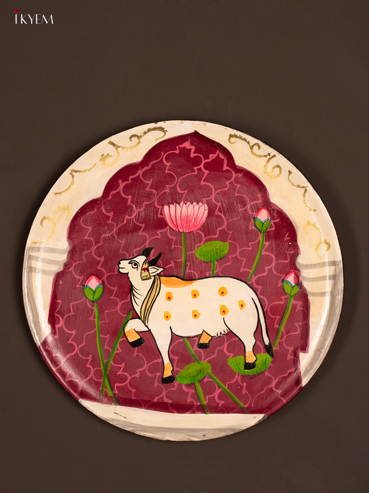 Artistic Pichwai Cow on Purple Hand-Painted Wooden Wall Plate - KG04177