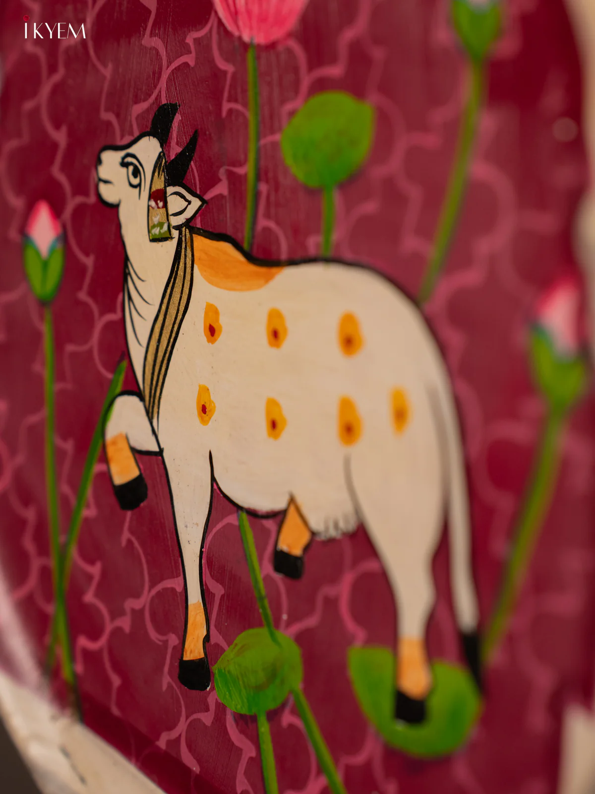 Artistic Pichwai Cow on Purple Hand-Painted Wooden Wall Plate - KG04177 - Image 3