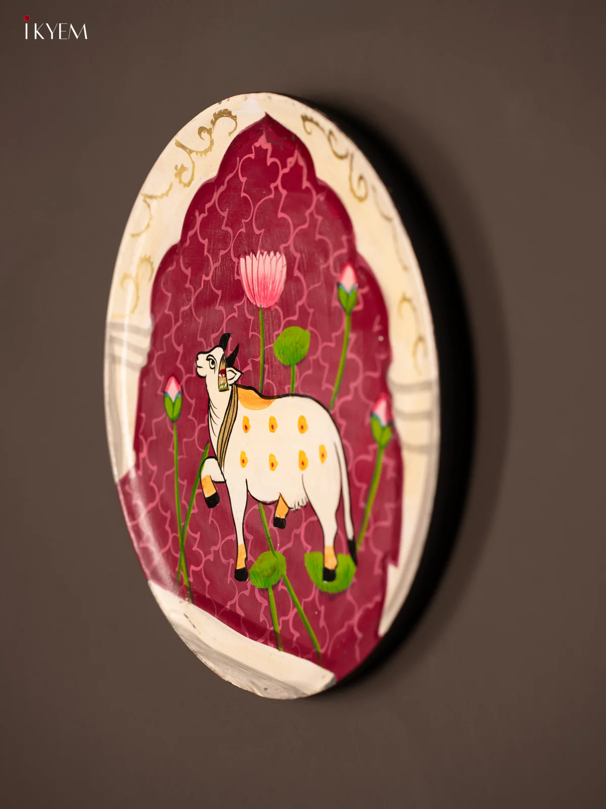 Artistic Pichwai Cow on Purple Hand-Painted Wooden Wall Plate - KG04177 - Image 4