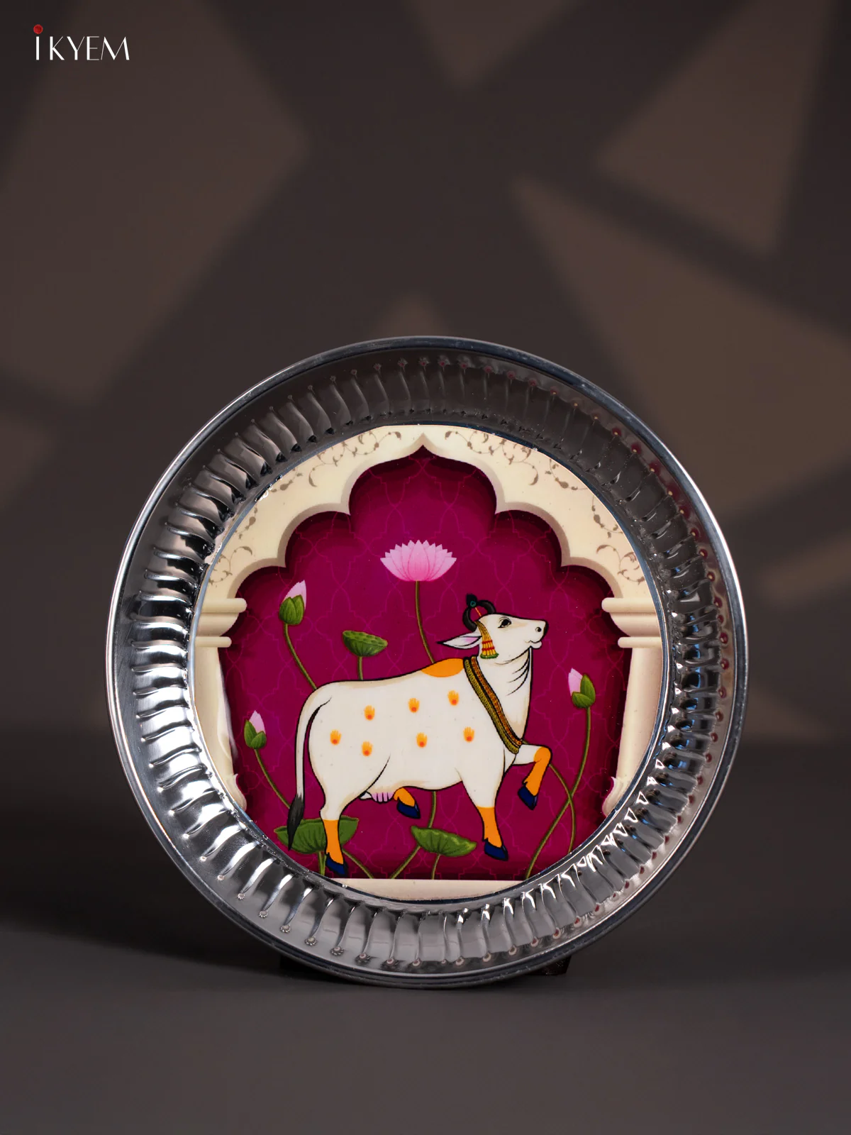 Elegant Pichwai Cow Printed Purple Stainless Steel Plate (9x9 Inches) - KI26118