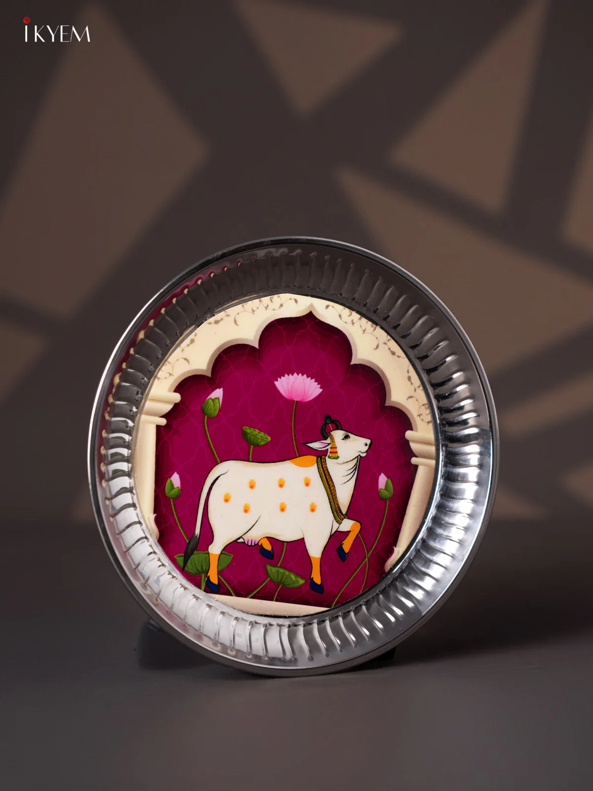 Elegant Pichwai Cow Printed Purple Stainless Steel Plate (9x9 Inches) - KI26118 - Image 2
