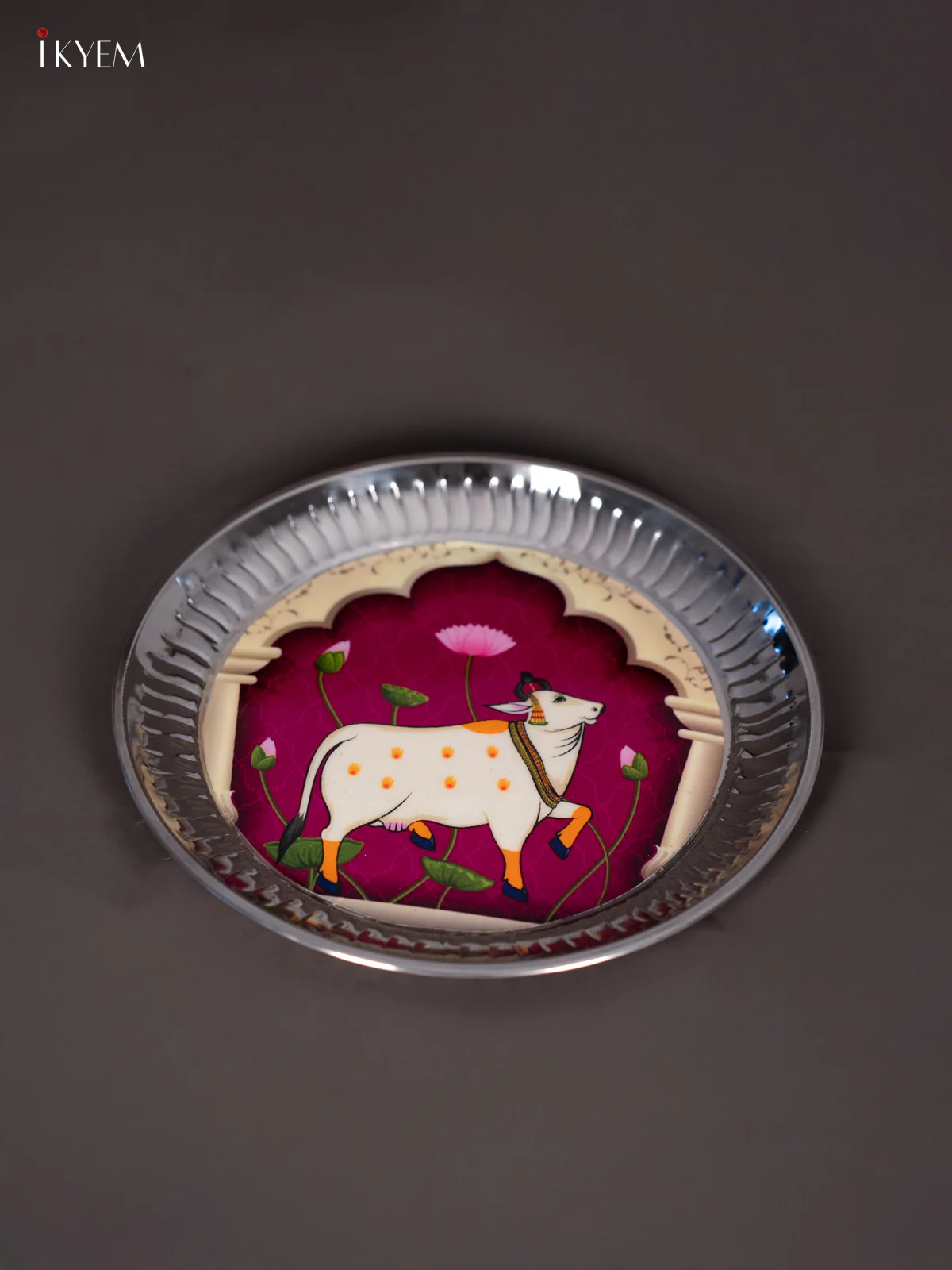 Elegant Pichwai Cow Printed Purple Stainless Steel Plate (9x9 Inches) - KI26118 - Image 3