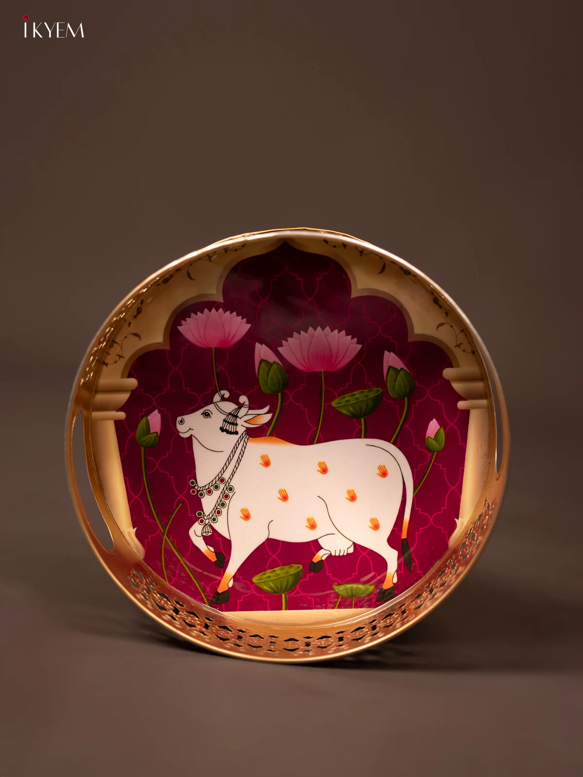 Purple Pichwai Printed Round Metal Tray With Cow & Flowers - KF19128