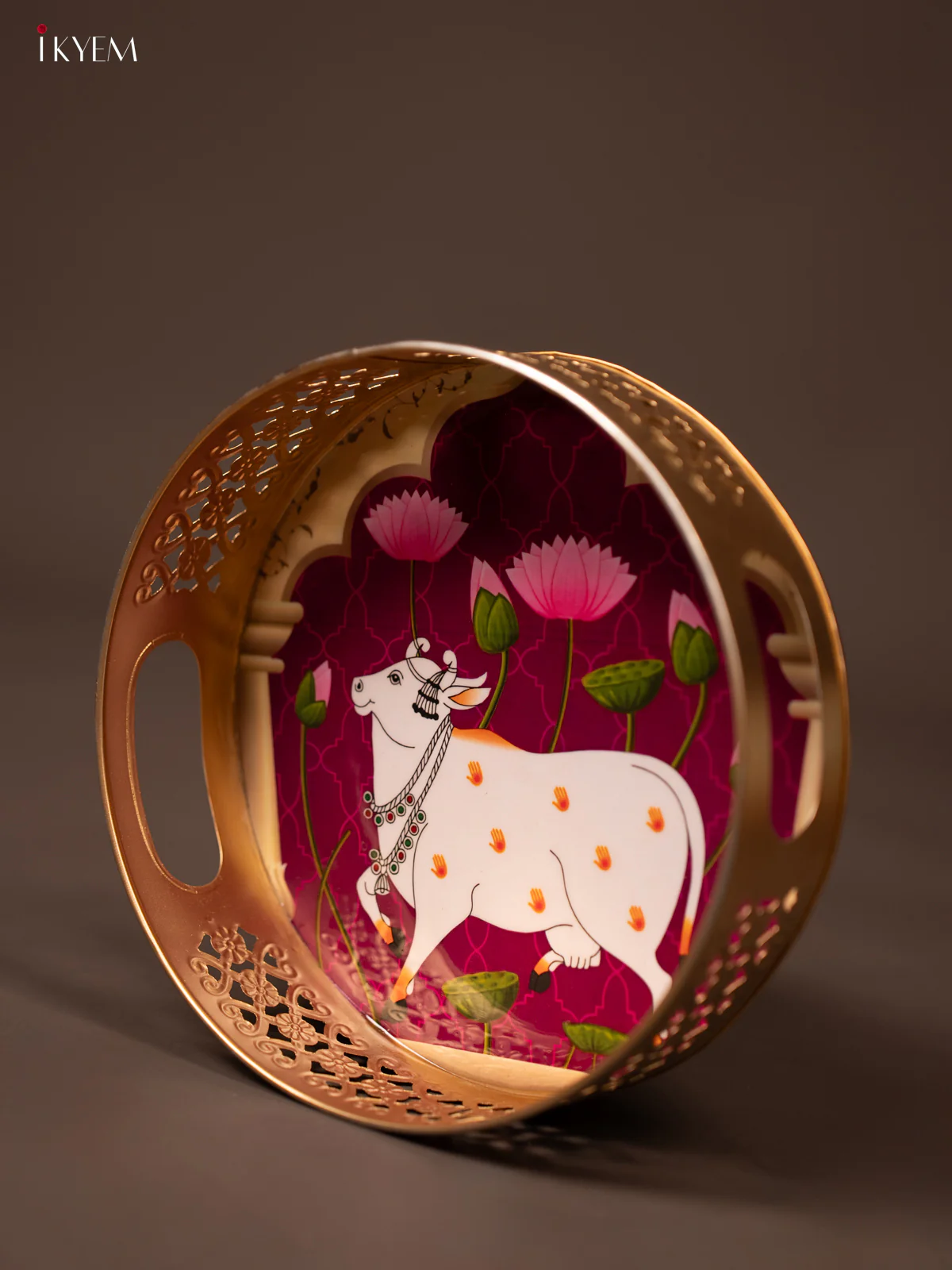 Purple Pichwai Printed Round Metal Tray With Cow & Flowers - KF19128 - Image 2