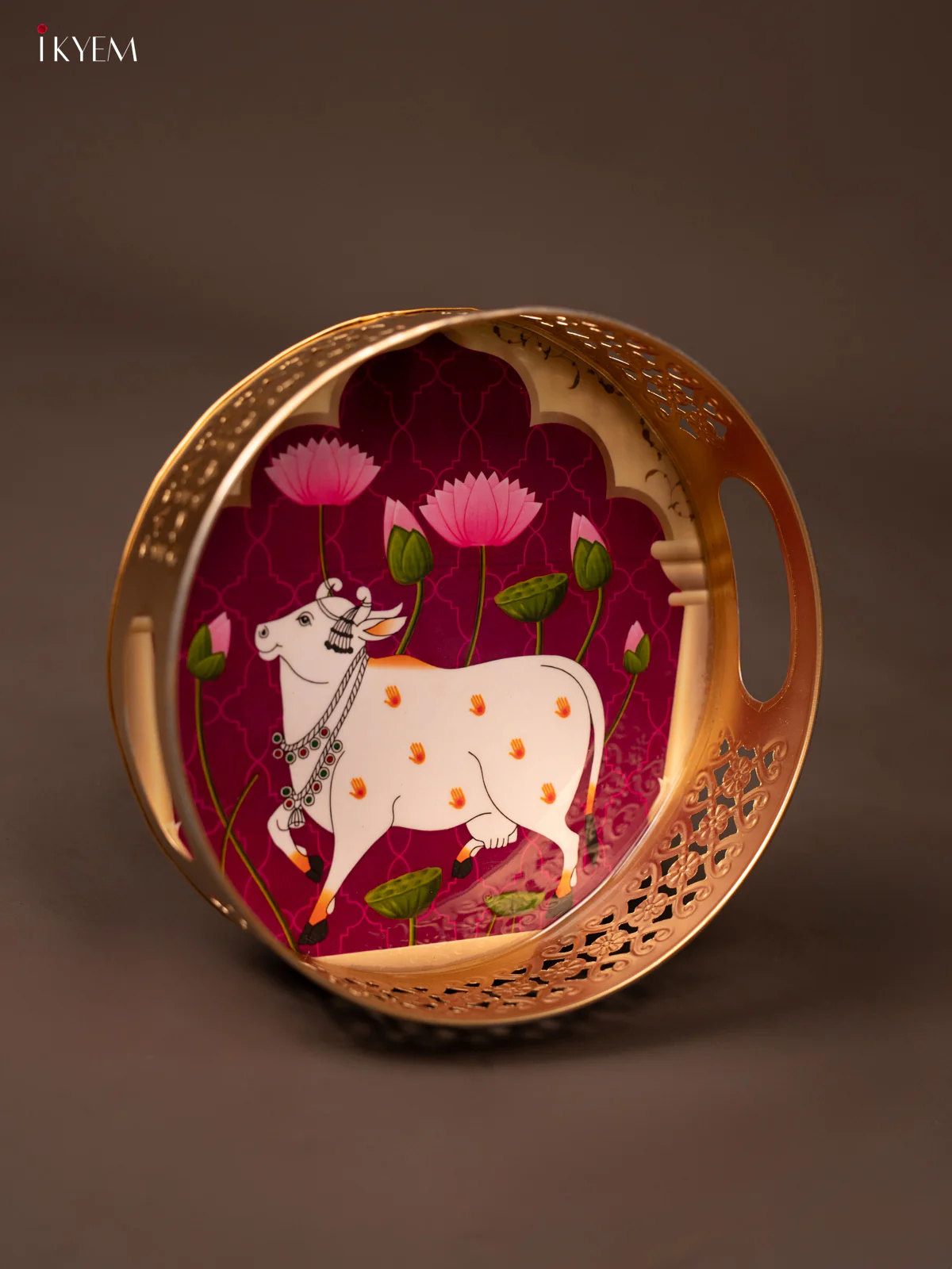 Purple Pichwai Printed Round Metal Tray With Cow & Flowers - KF19128 - Image 3