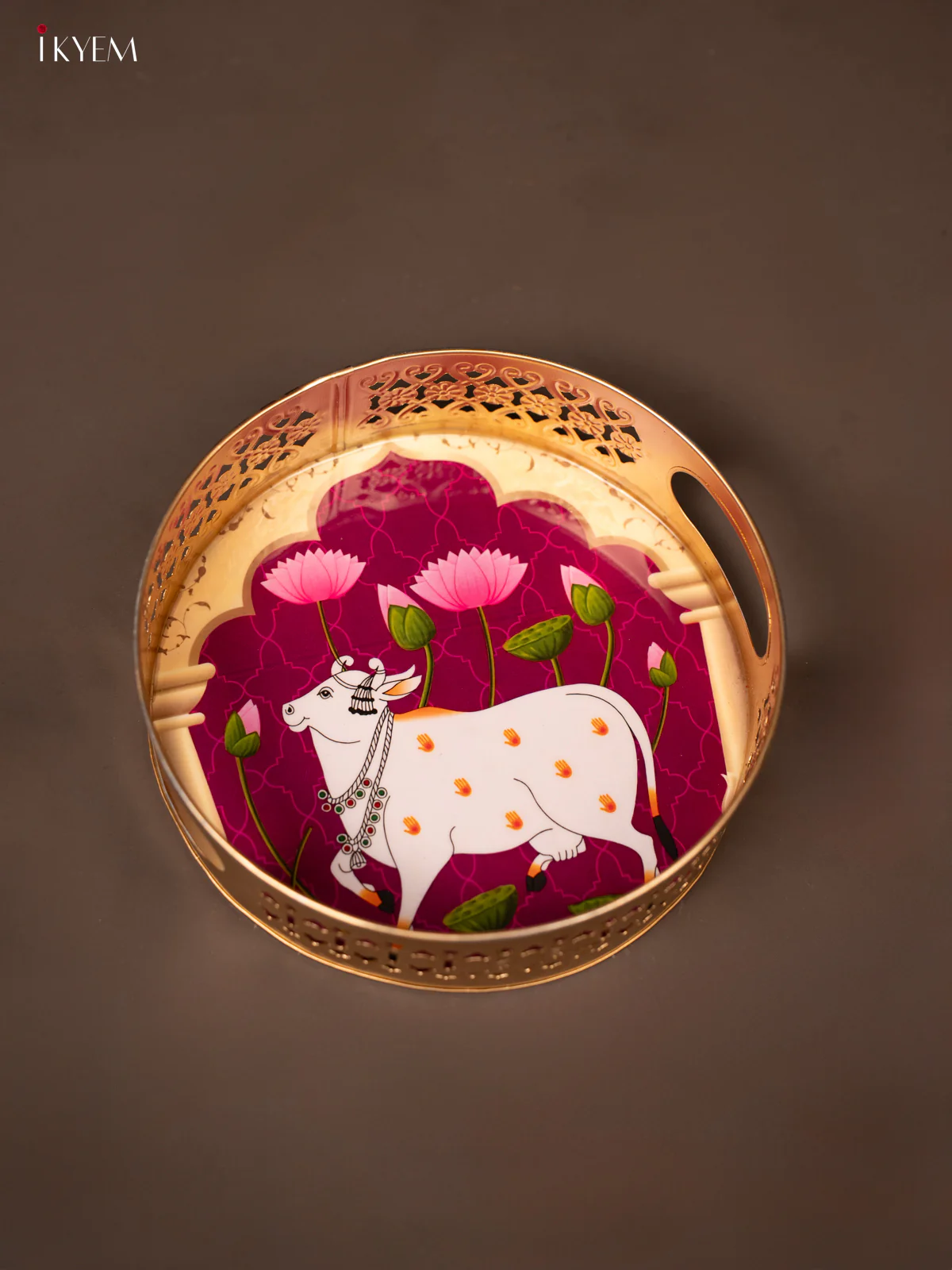 Purple Pichwai Printed Round Metal Tray With Cow & Flowers - KF19128 - Image 4