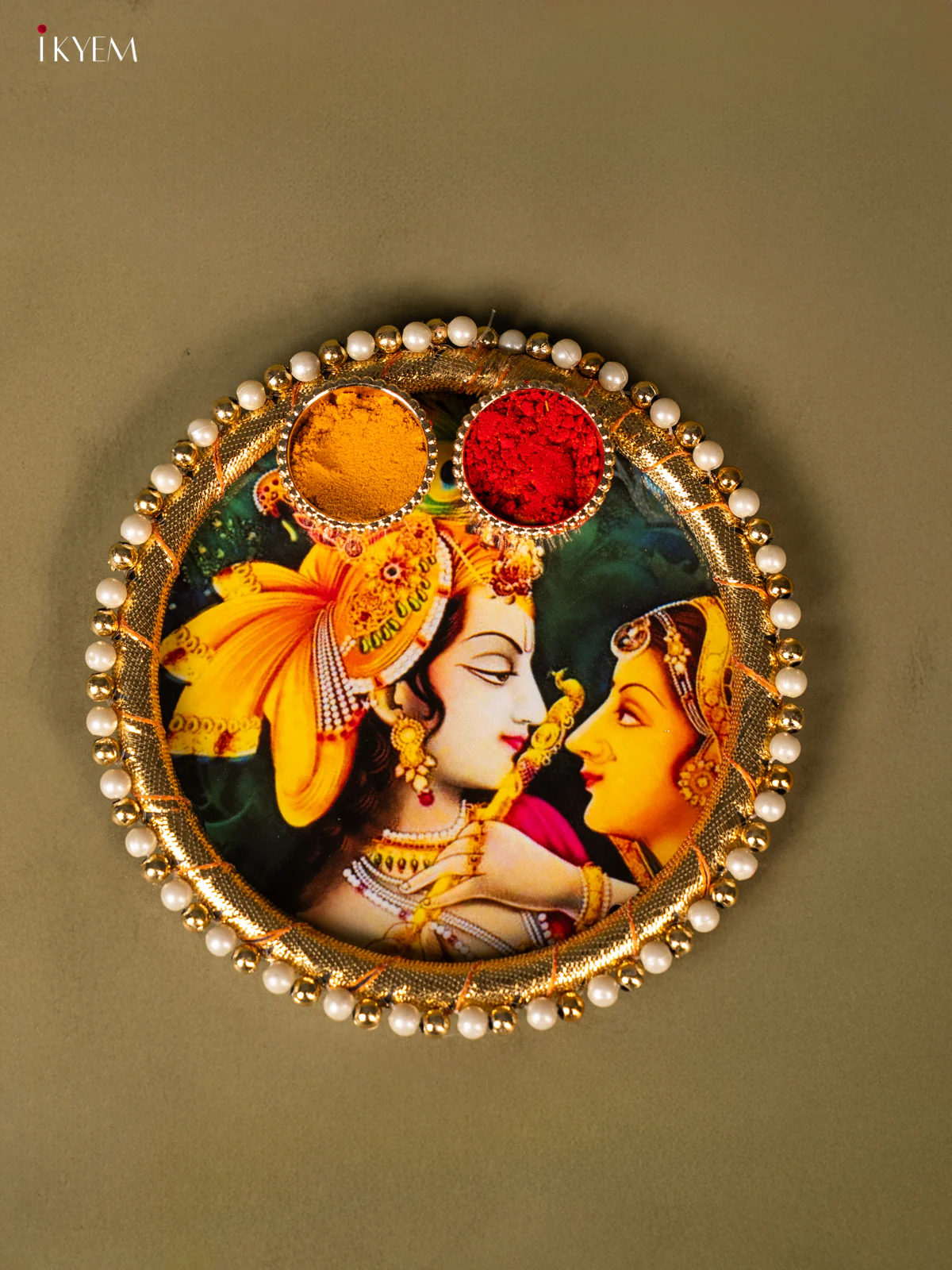 Radha Krishna Printed Green Plate With Haldi kumkum holder - KG31118