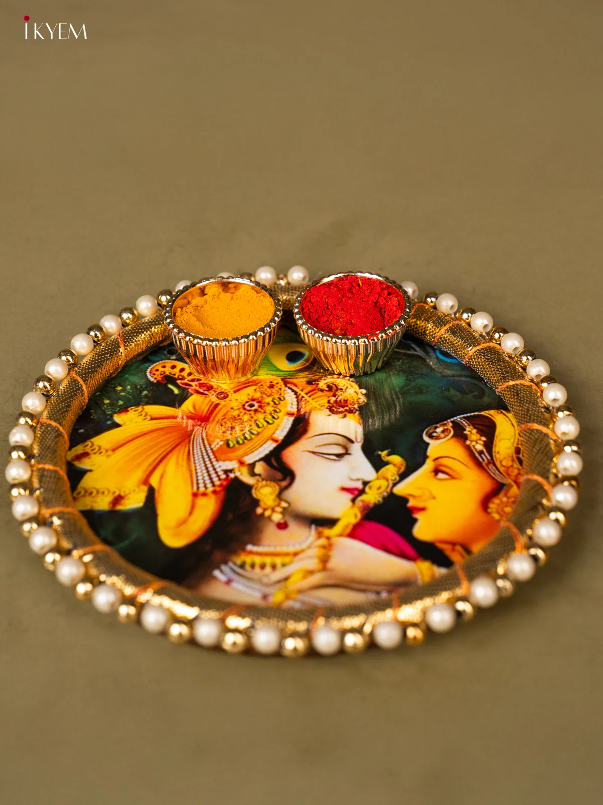 Radha Krishna Printed Green Plate With Haldi kumkum holder - KG31118 - Image 3