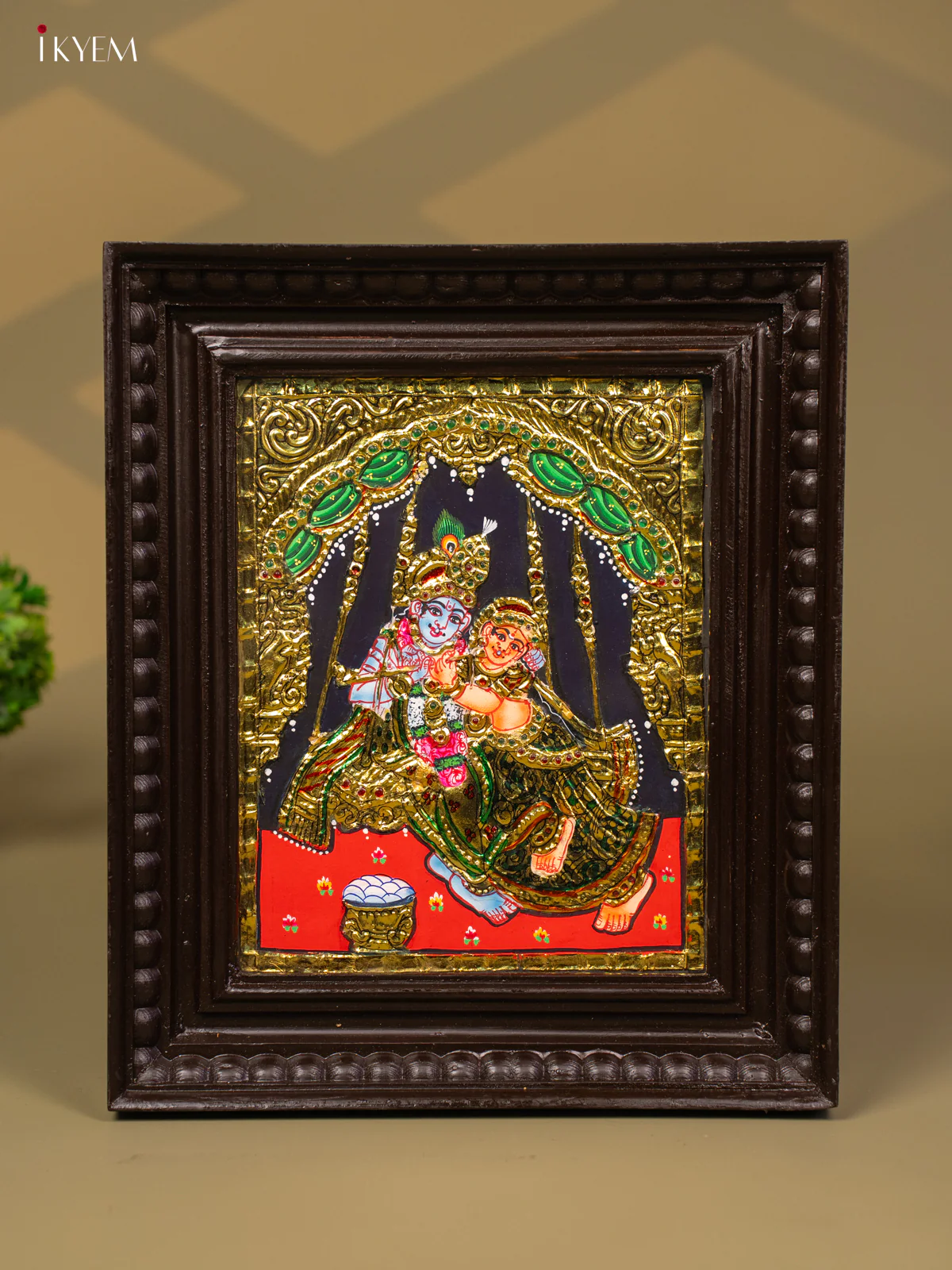 Artistic Radha Krishna Sitting On a Swing Tanjore Painting (13x11 Inches) - KB01149
