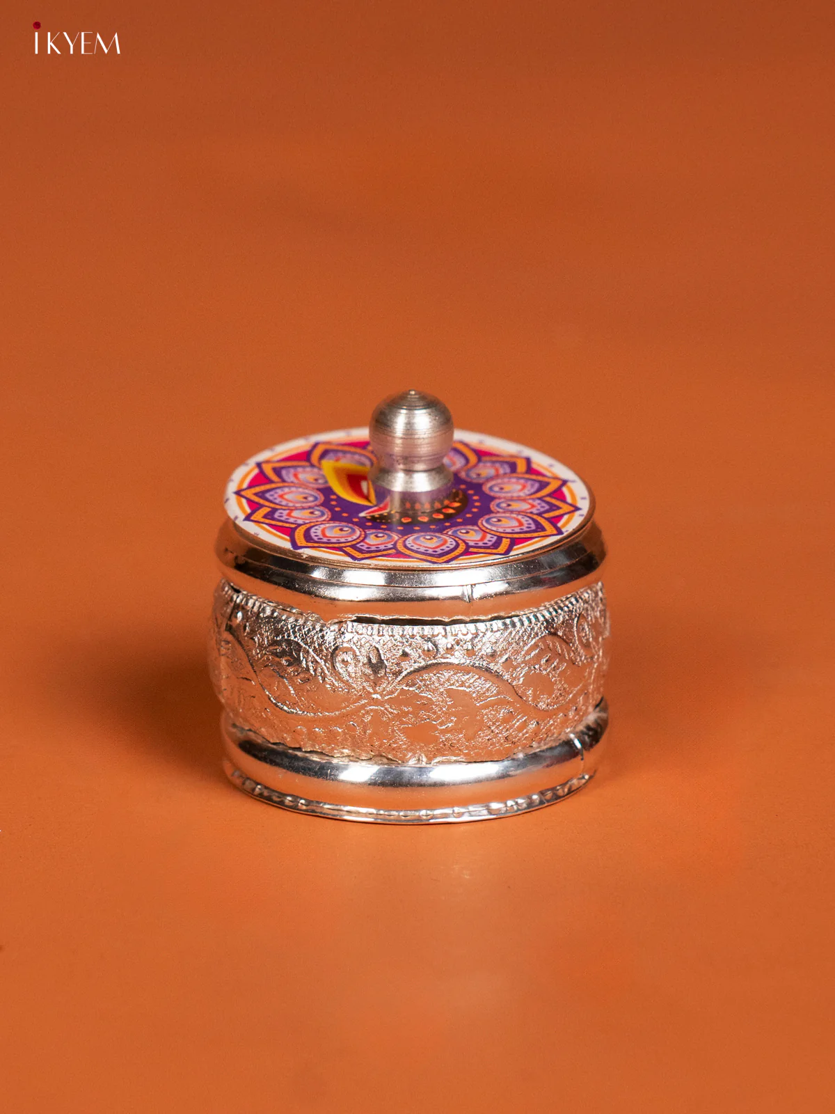 Elegant Rangoli Designed Kumkum Holder in German Silver - KF10240 - Image 2