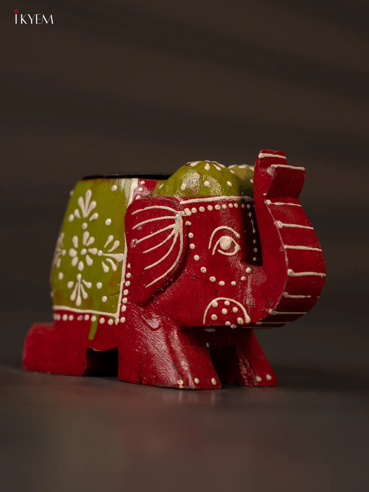 Stylish Red & Green Hand Painted Wooden Elephant Shaped Candle Holder - KH02124