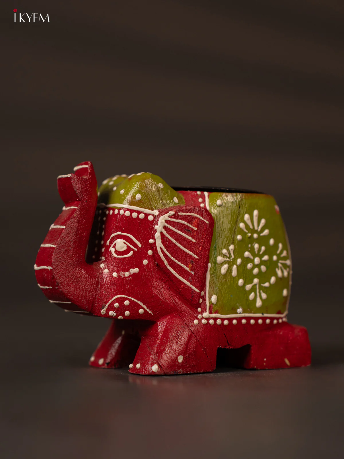 Stylish Red & Green Hand Painted Wooden Elephant Shaped Candle Holder - KH02124 - Image 3
