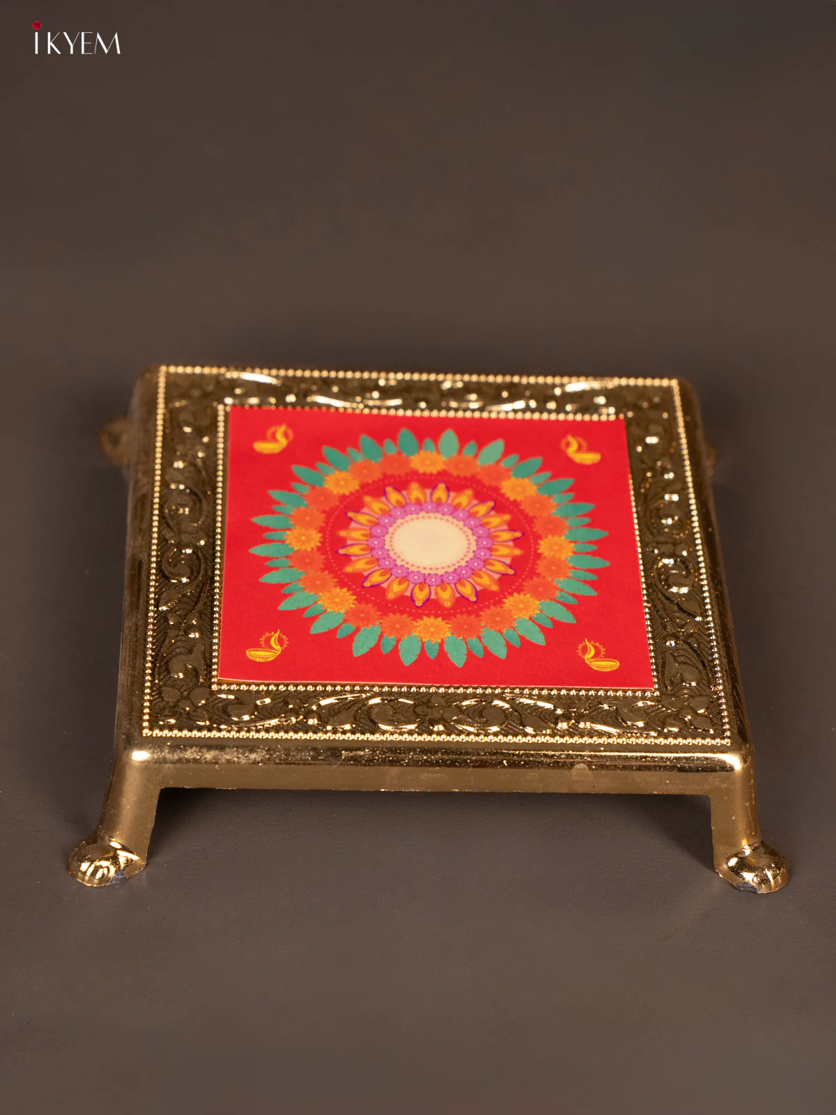 Traditional Red & Green Kolam Design Printed Chowki - KG25218