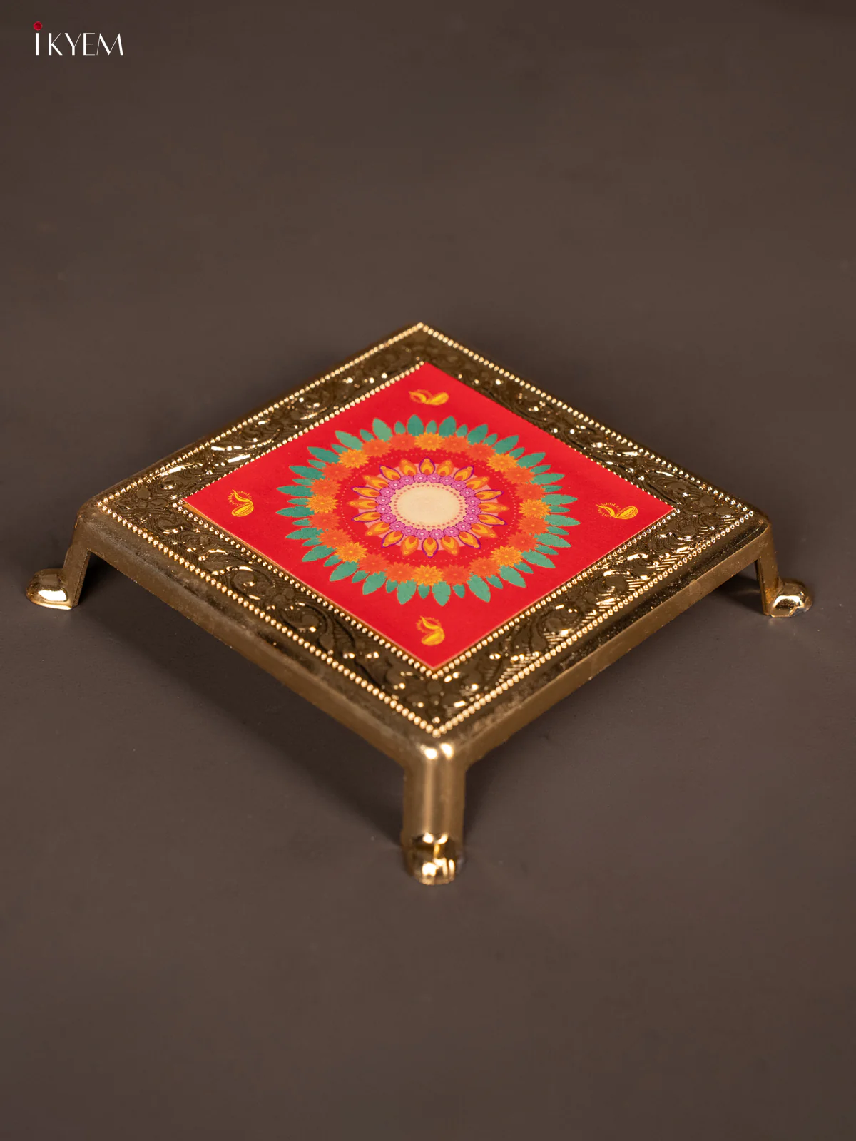 Traditional Red & Green Kolam Design Printed Chowki - KG25218 - Image 2