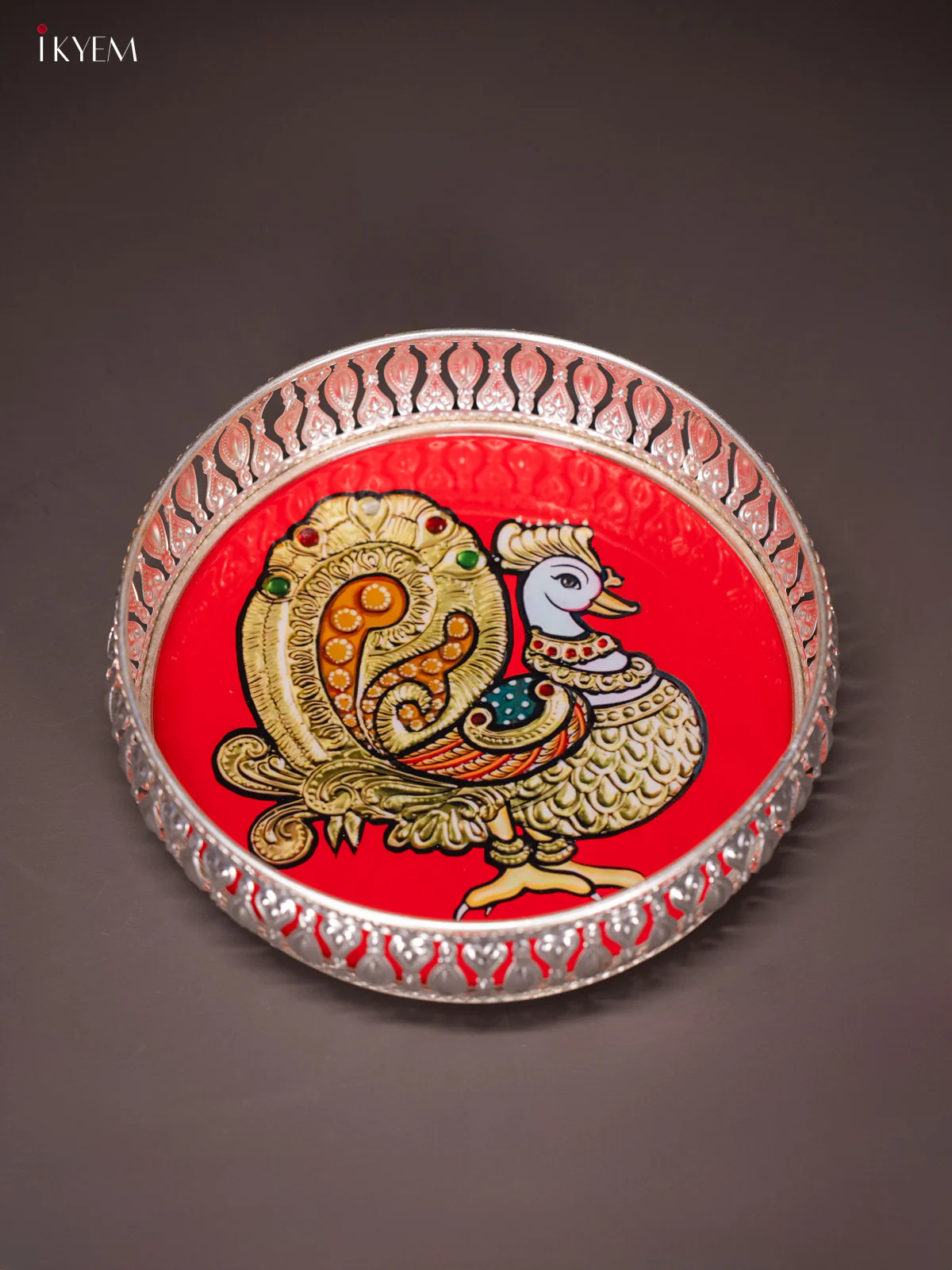 Traditional Annapakshi Printed Red German Silver Tray (8 Inch) - KI10127 - Image 3