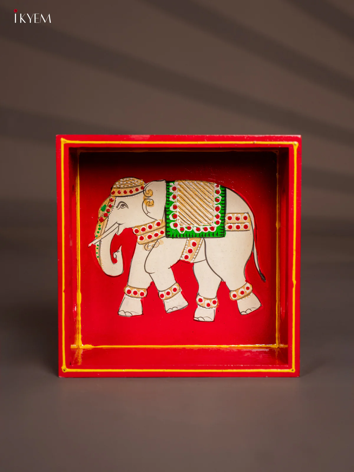 Elephant Hand-Painted Square Wooden Tray - Red - (6x6) Inch - KH08115