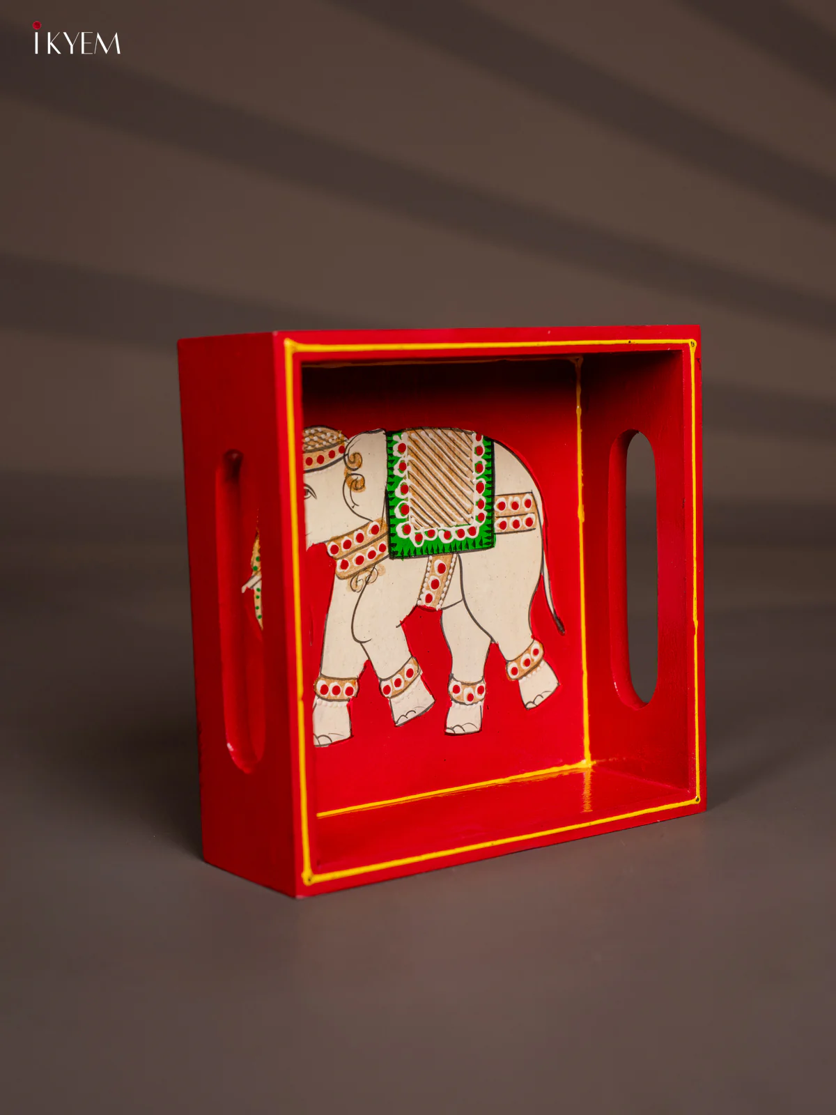 Elephant Hand-Painted Square Wooden Tray - Red - (6x6) Inch - KH08115 - Image 2