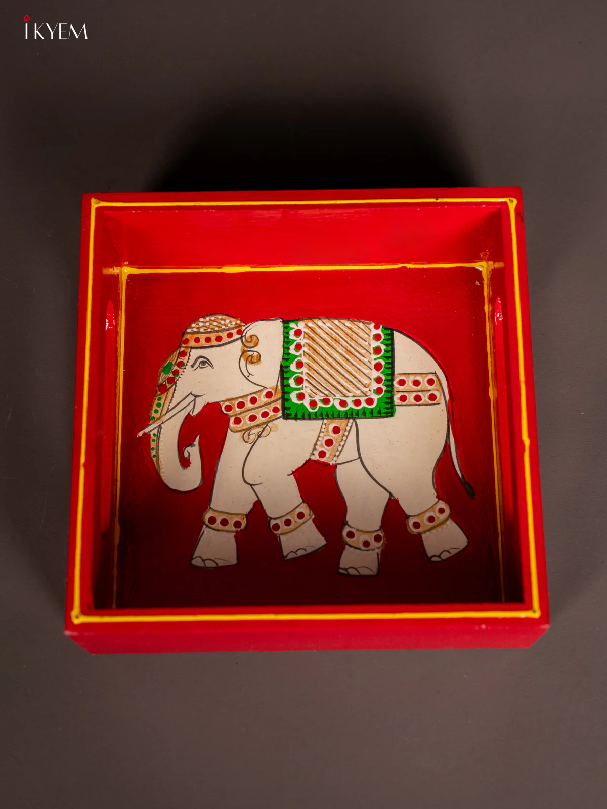 Elephant Hand-Painted Square Wooden Tray - Red - (6x6) Inch - KH08115 - Image 4