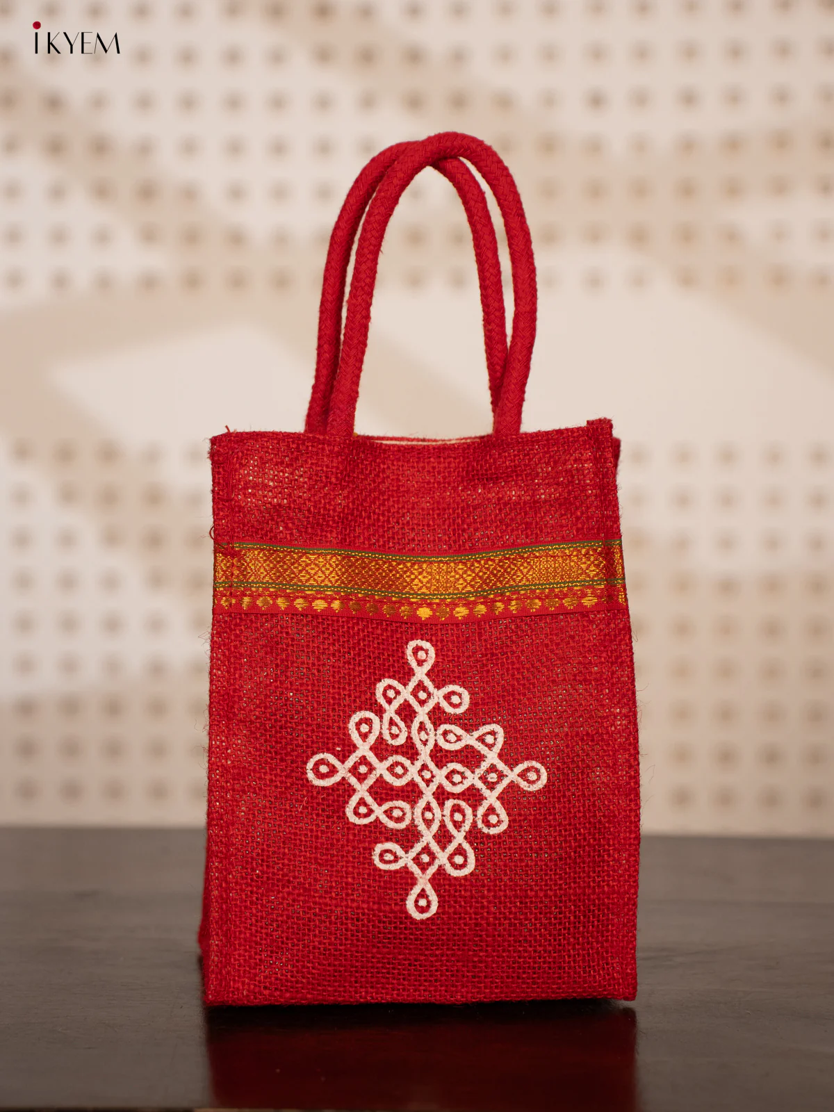 Red Jute Bags for Return Gifts with Kolam Prints and Zari Accents - KE21116
