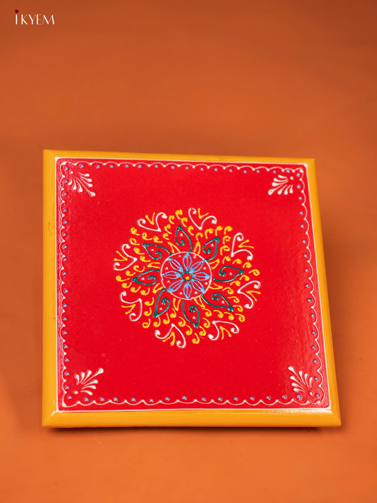 Red Hand-Painted Wooden Manai with Traditional Kolam Design (8*8) - KE27119