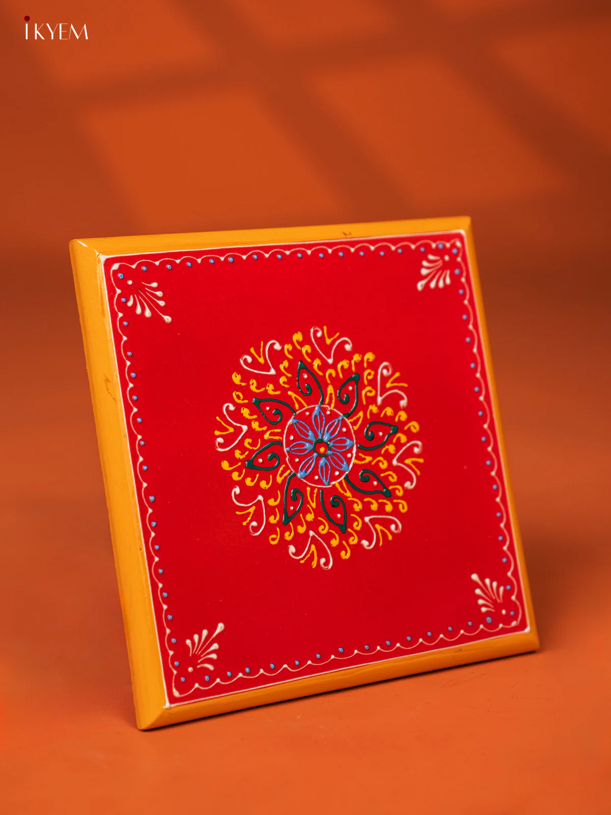 Red Hand-Painted Wooden Manai with Traditional Kolam Design (8*8) - KE27119 - Image 2
