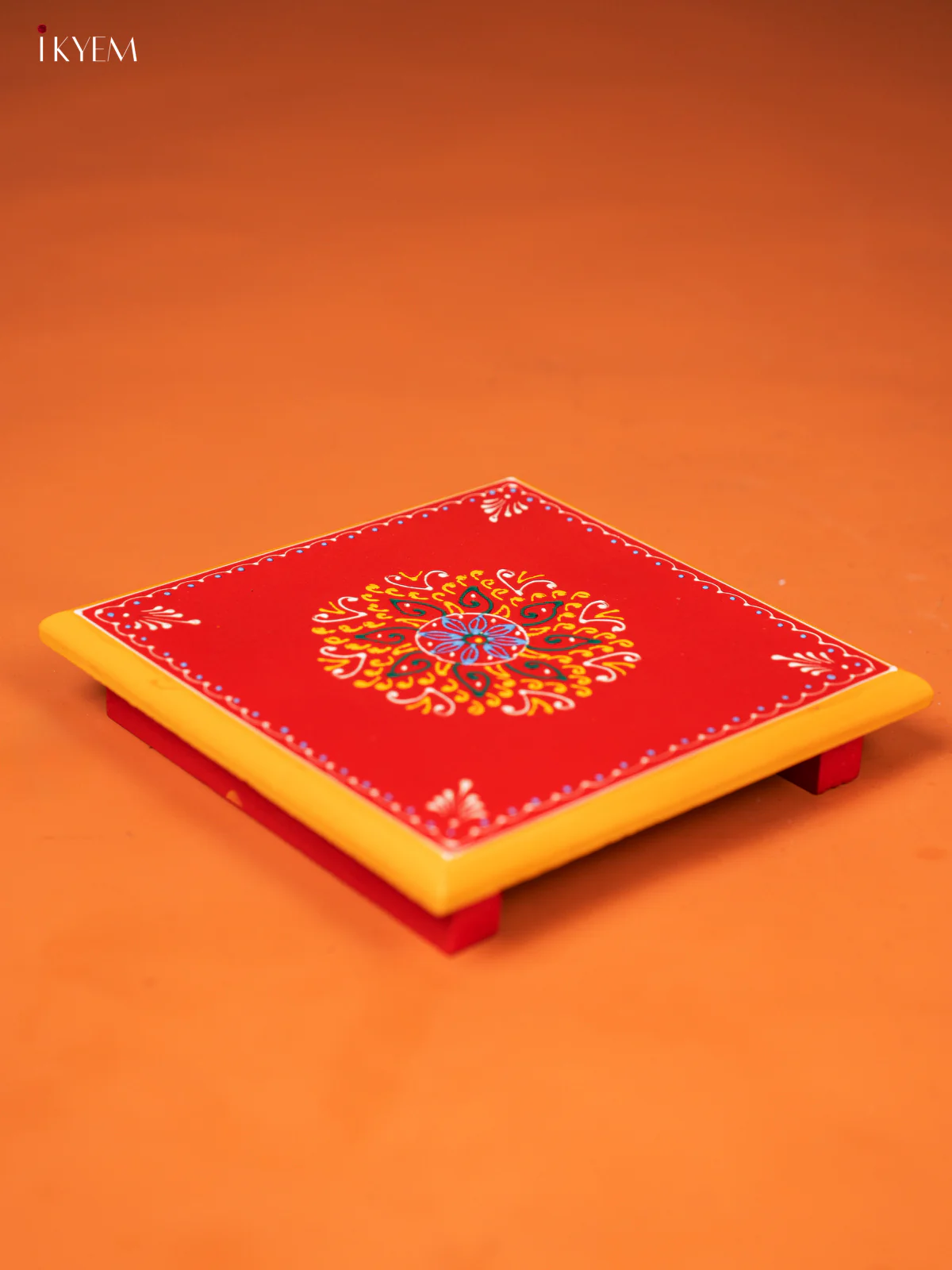 Red Hand-Painted Wooden Manai with Traditional Kolam Design (8*8) - KE27119 - Image 3