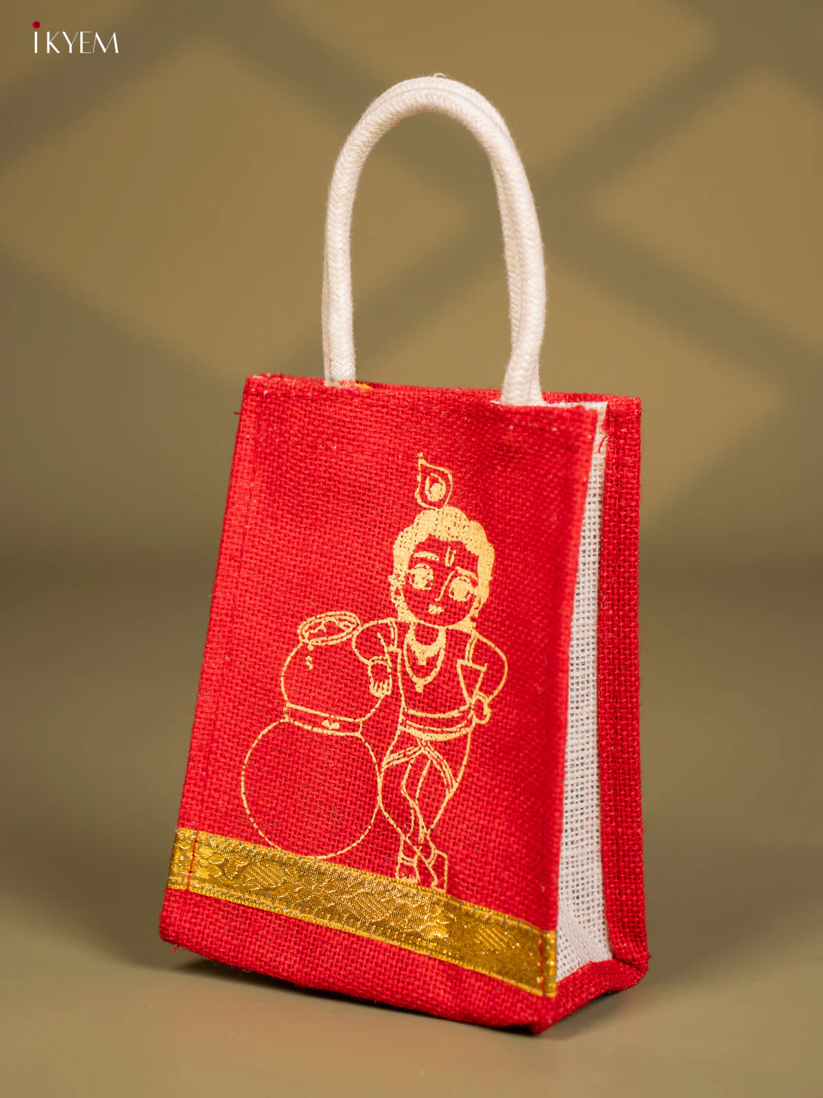 Cute Krishna Printed Red Jute Bags - 8 Inch - KG08118 - Image 3