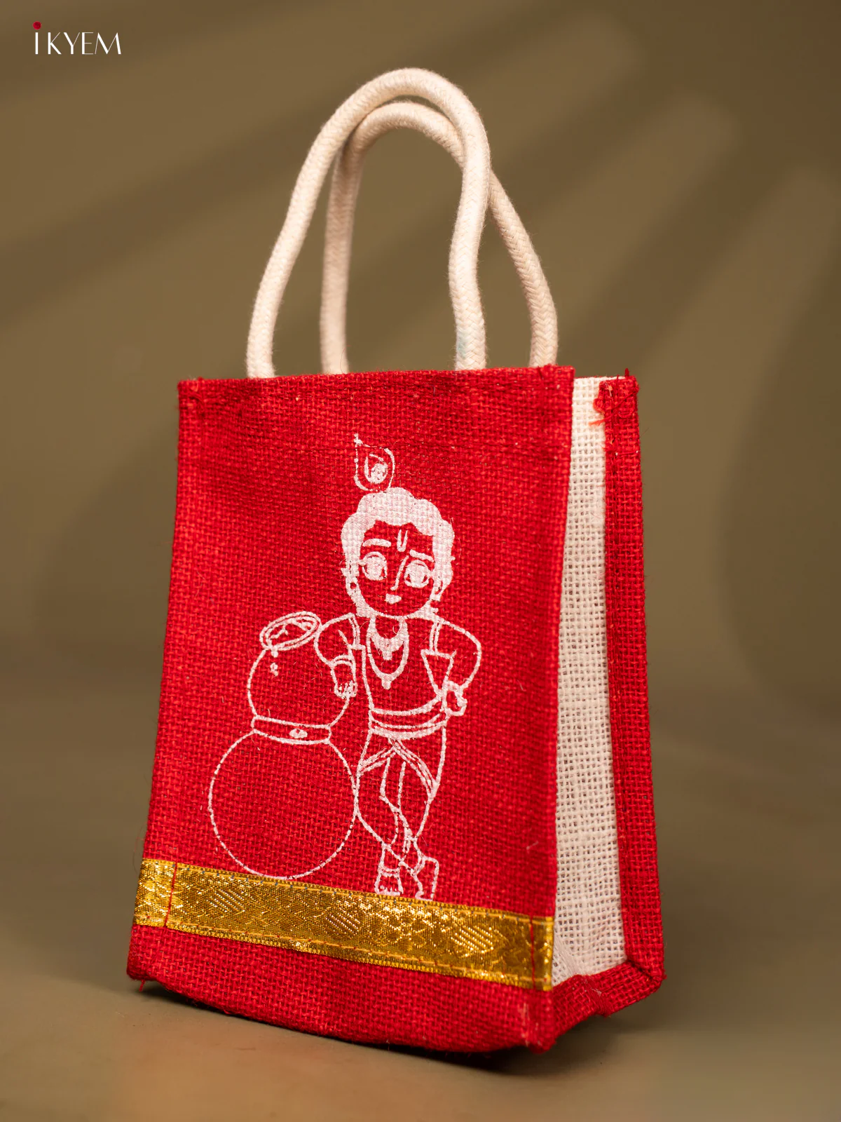 Cute Krishna Printed Red Jute Bag - 8 Inch - KG08122 - Image 3