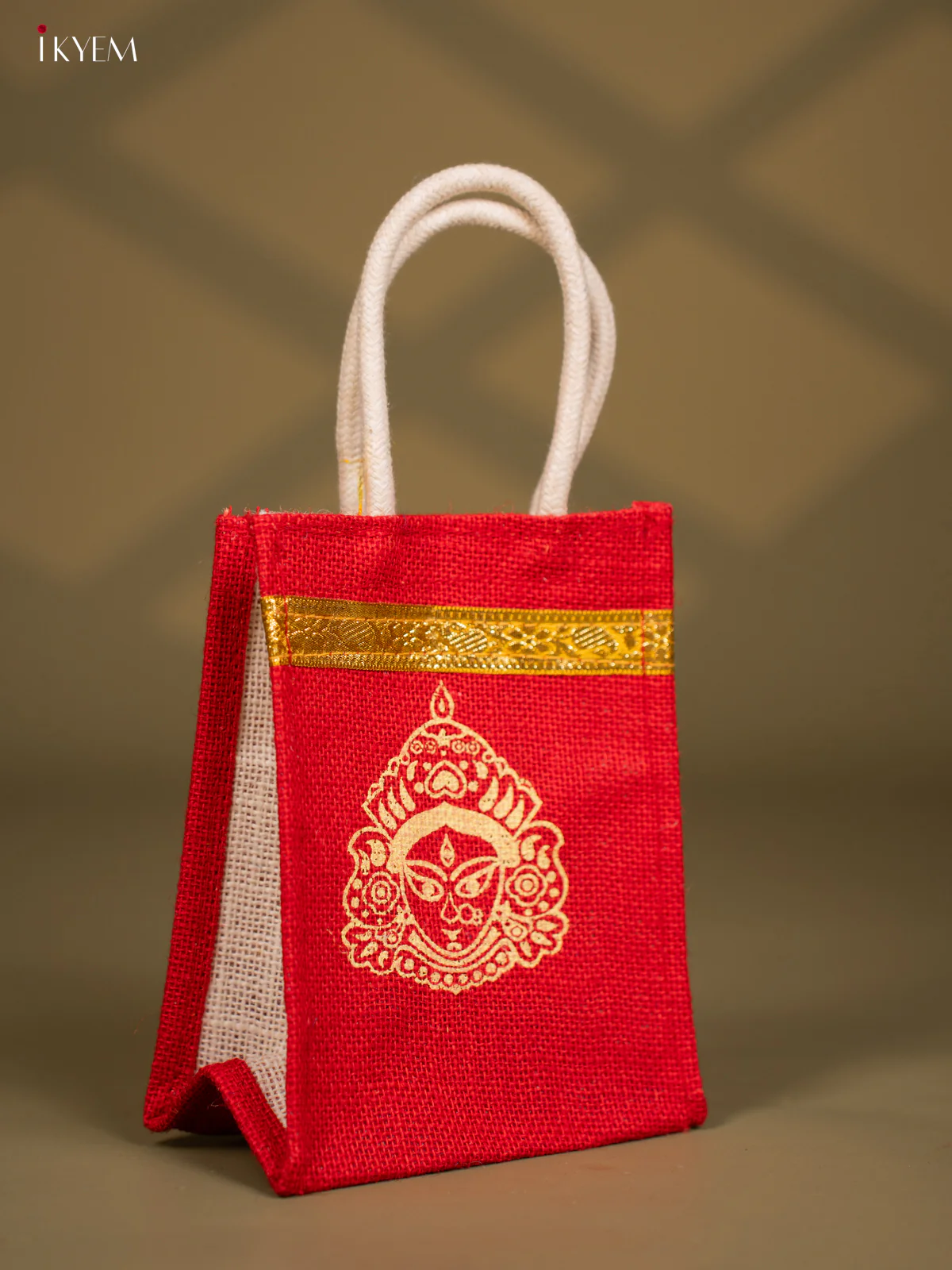 Vibrant Red Maa Durga Printed Jute Bags - 8 Inch - KG08115 - Image 2
