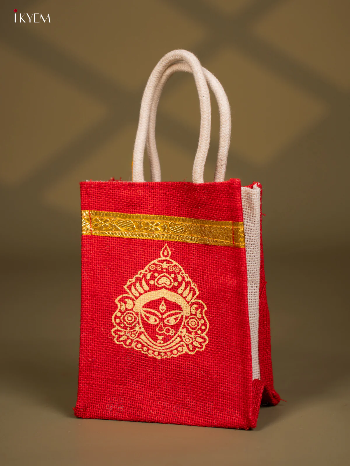Vibrant Red Maa Durga Printed Jute Bags - 8 Inch - KG08115 - Image 3