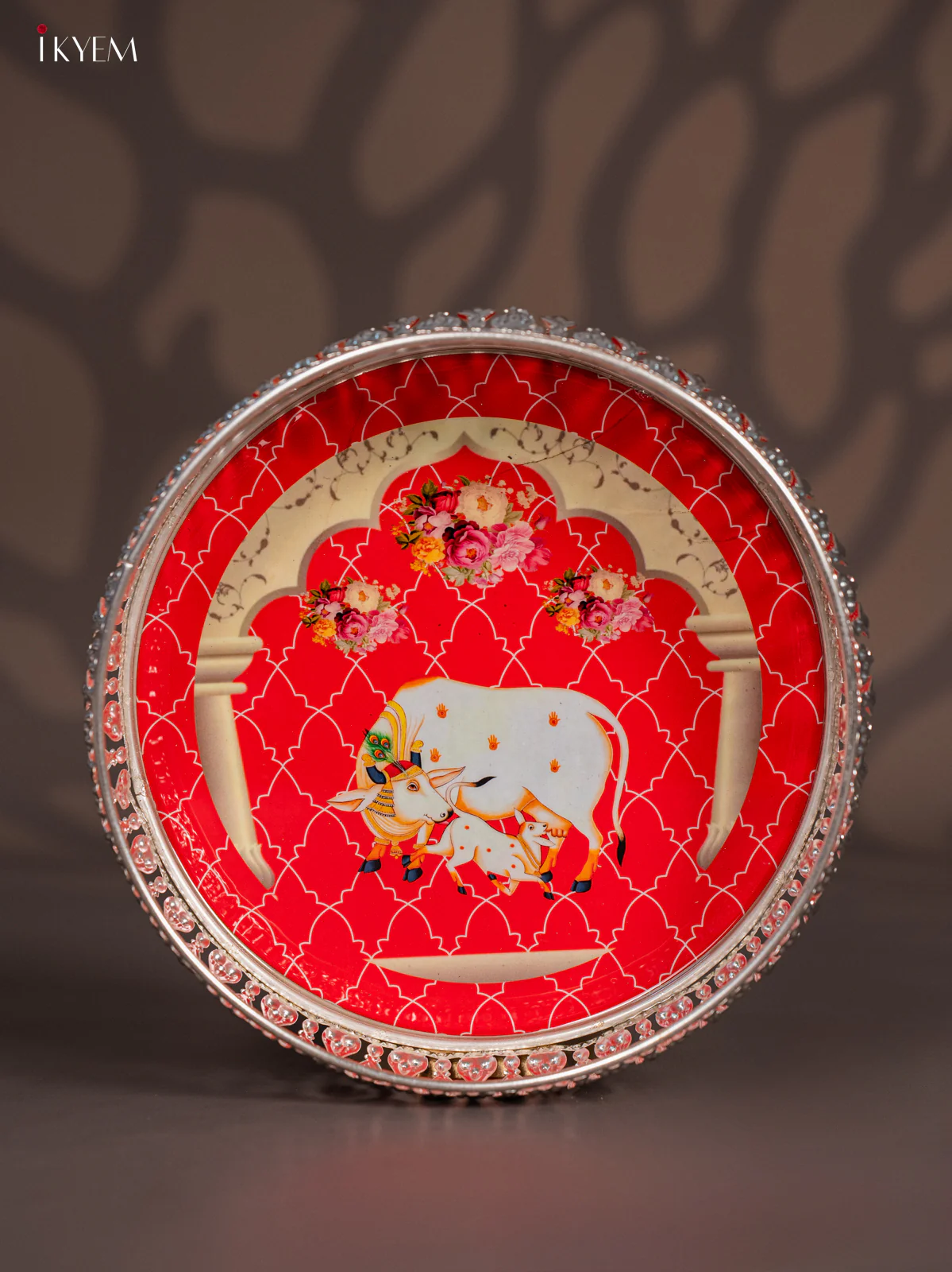 Vibrant Pichwai Cow & Calf Printed Red German Silver Tray (8 Inch) - KI10121