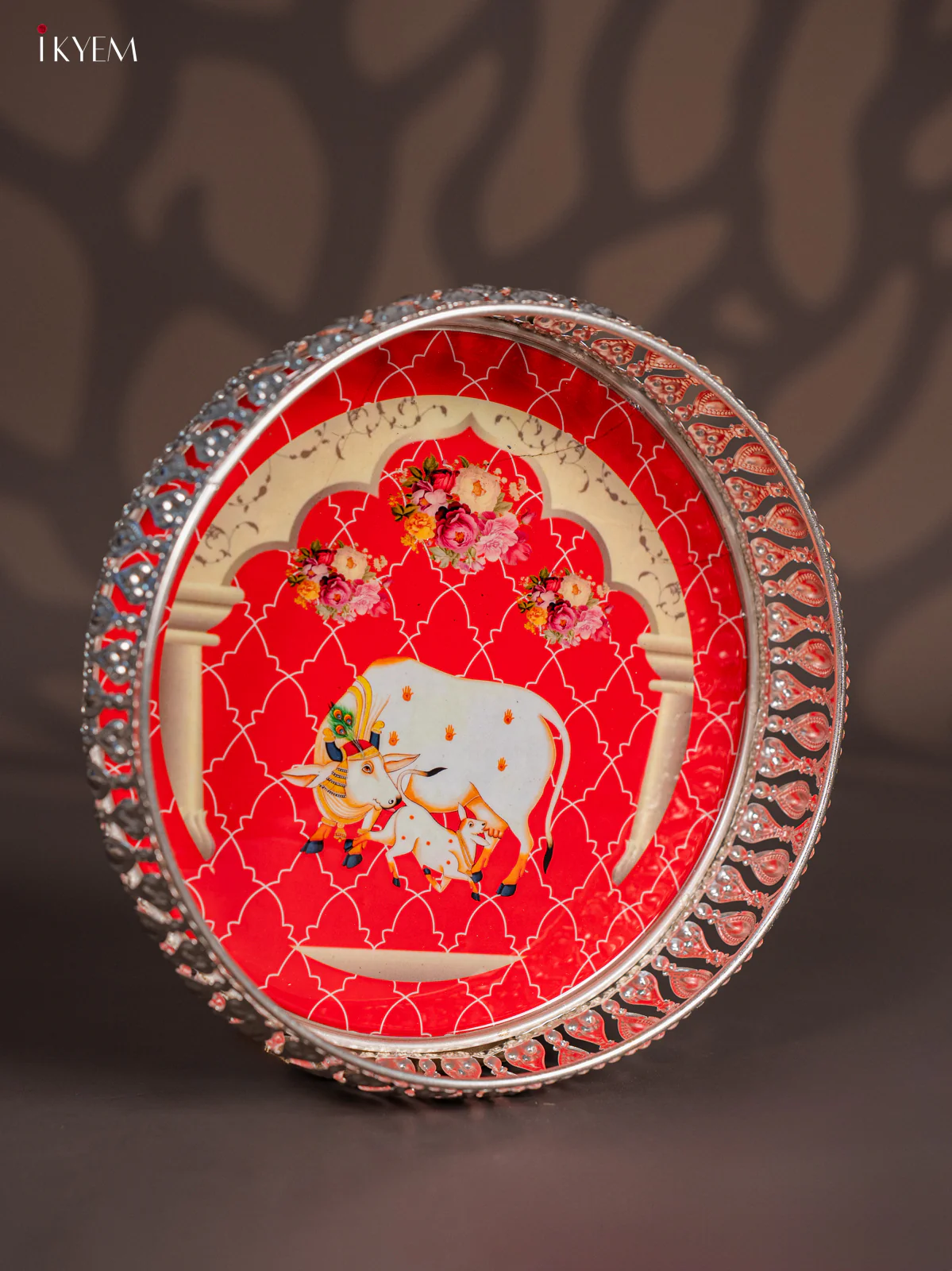 Vibrant Pichwai Cow & Calf Printed Red German Silver Tray (8 Inch) - KI10121 - Image 2