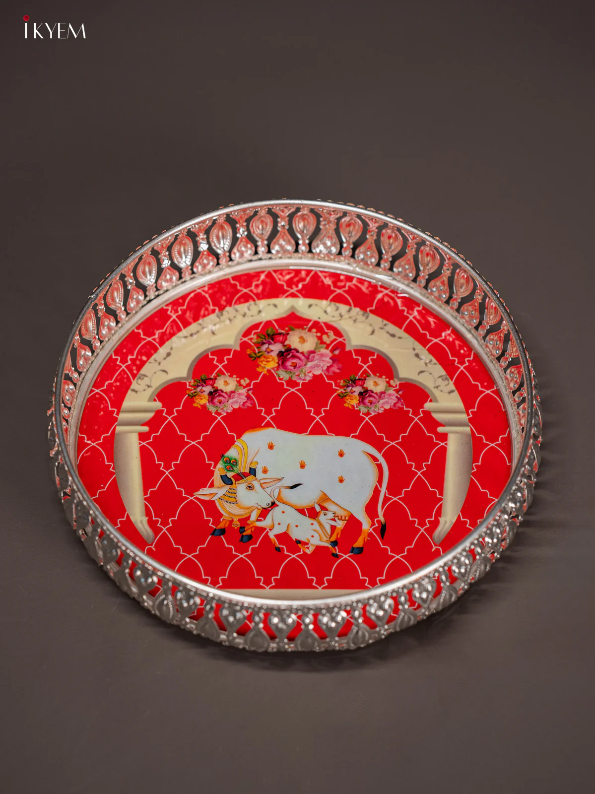 Vibrant Pichwai Cow & Calf Printed Red German Silver Tray (8 Inch) - KI10121 - Image 3