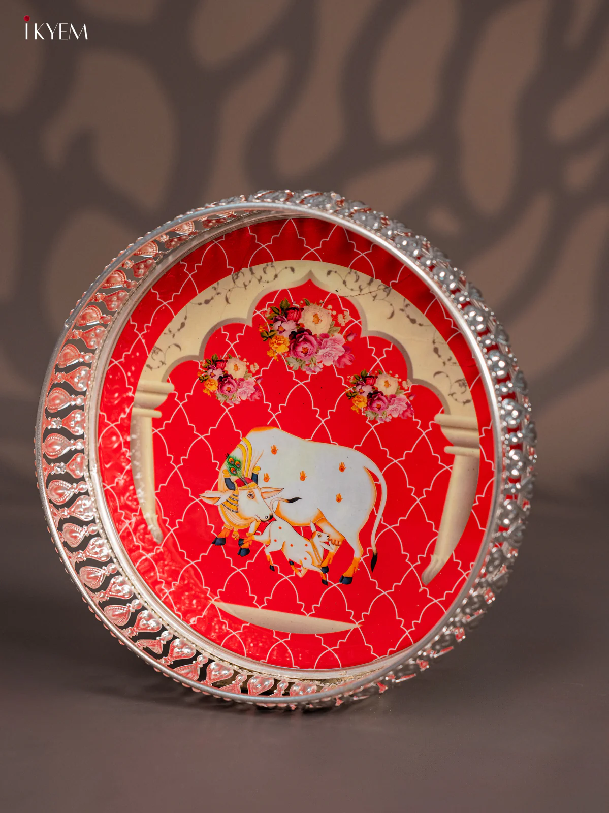 Vibrant Pichwai Cow & Calf Printed Red German Silver Tray (8 Inch) - KI10121 - Image 4