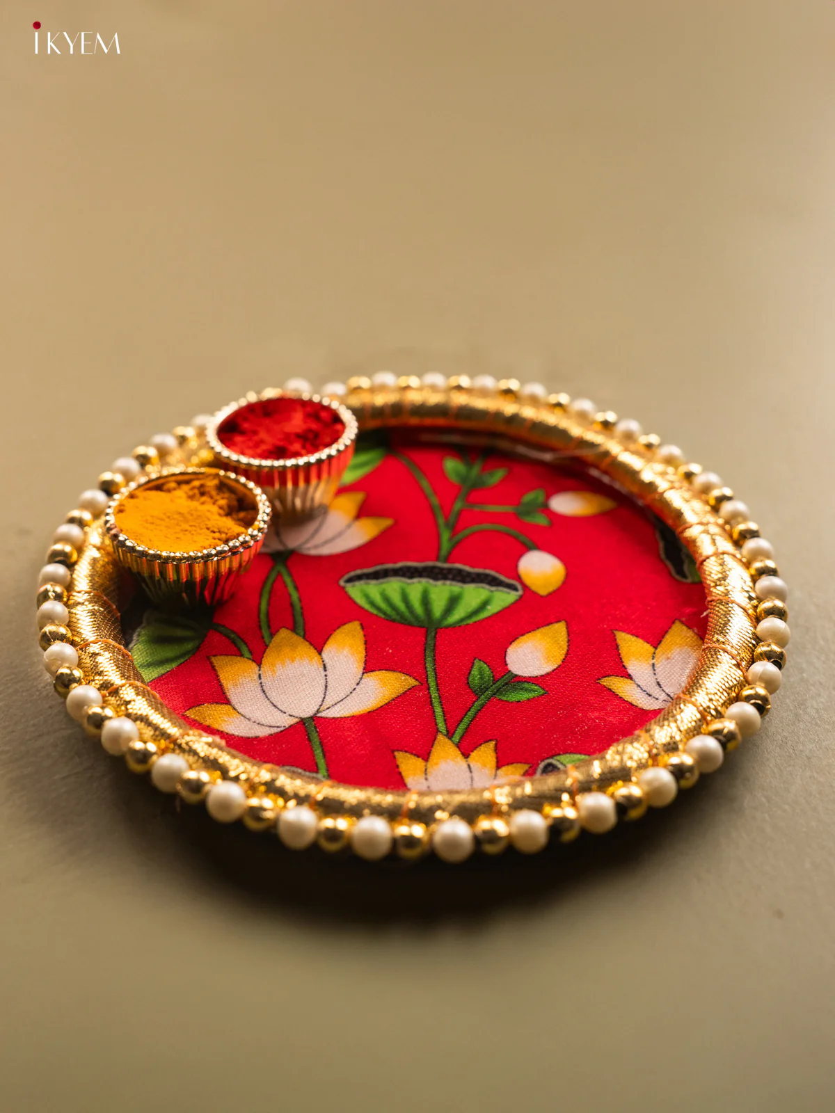 Pretty Pichwai Style Lotus Printed Red Plate with Haldi Kumkum Holder - KG31116 - Image 2